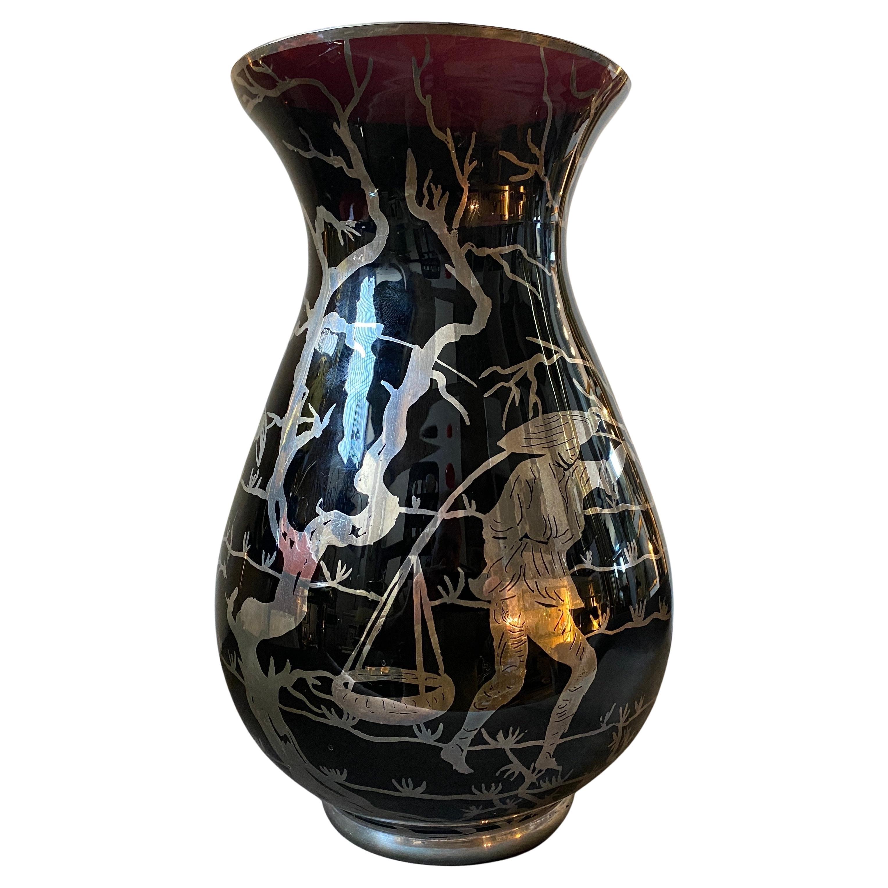 1930s Purple Glass and Sterling Silver Orientalist Italian Vase For Sale