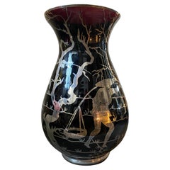 Vintage 1930s Purple Glass and Sterling Silver Orientalist Italian Vase
