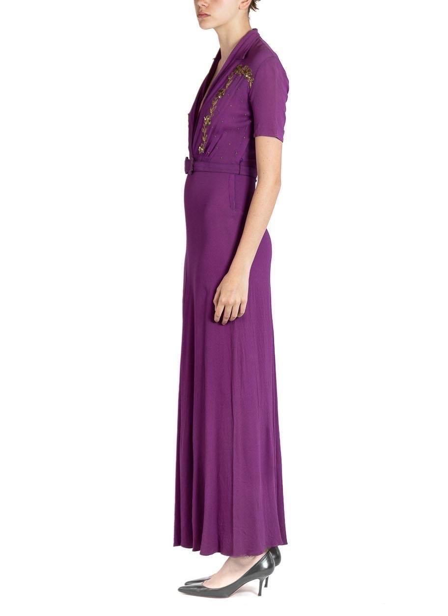 Late 30's Empire Waist Rayon Crepe Purple Dress with Gold Sequin Embellishment and belt. Good condition for the age.  1930S Purple Rayon Crepe Dress With Belt & Gold Sequin Embellishment 