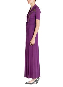 1930S Purple Rayon Crepe Dress With Belt & Gold Sequin Embellishment