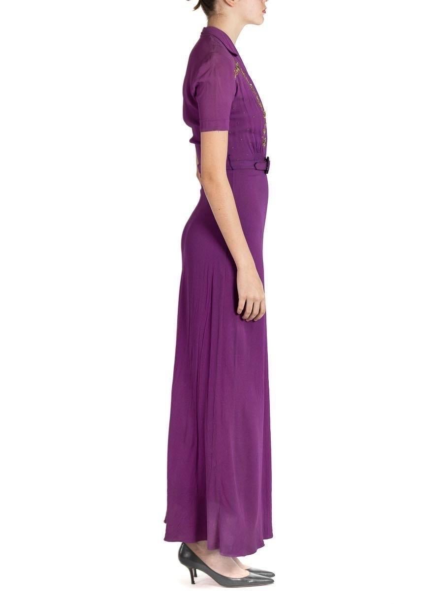1930S Purple Rayon Crepe Dress With Belt & Gold Sequin Embellishment In Excellent Condition For Sale In New York, NY