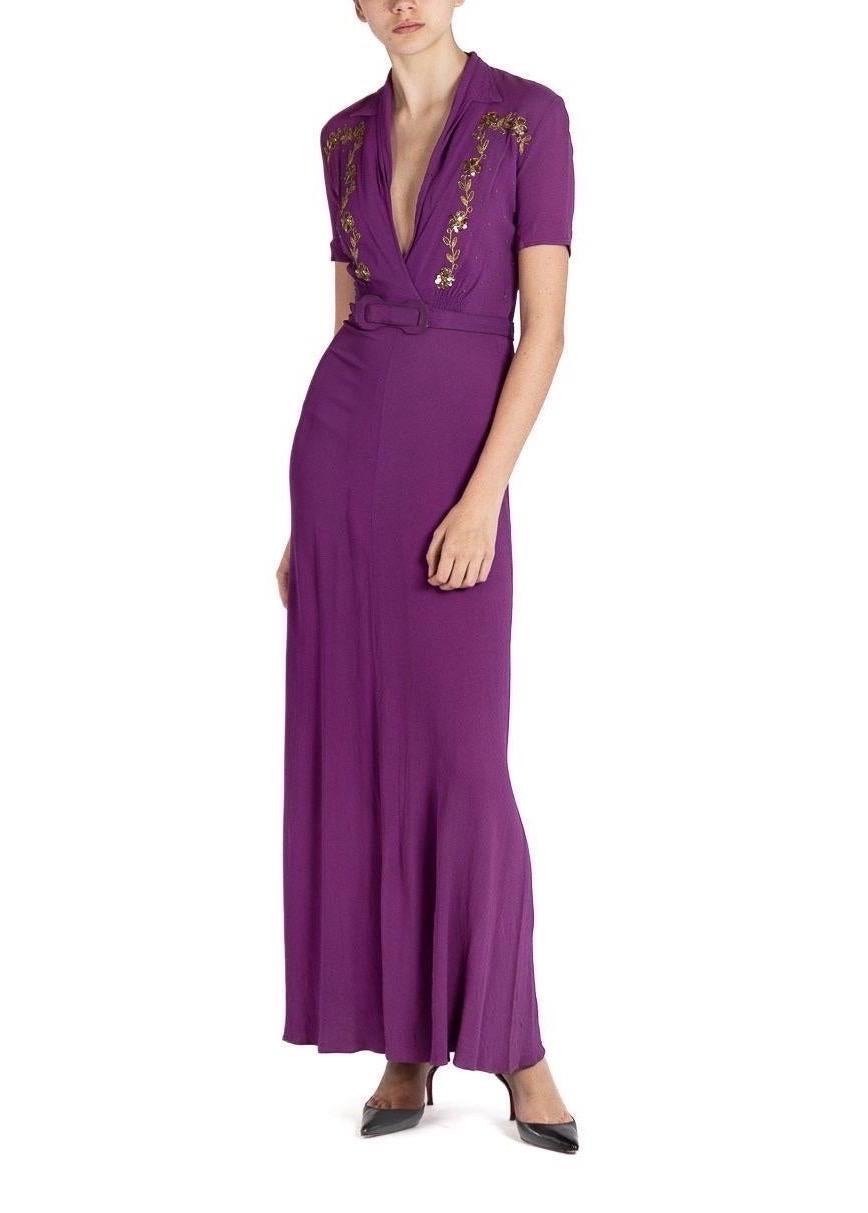 Women's 1930S Purple Rayon Crepe Dress With Belt & Gold Sequin Embellishment For Sale