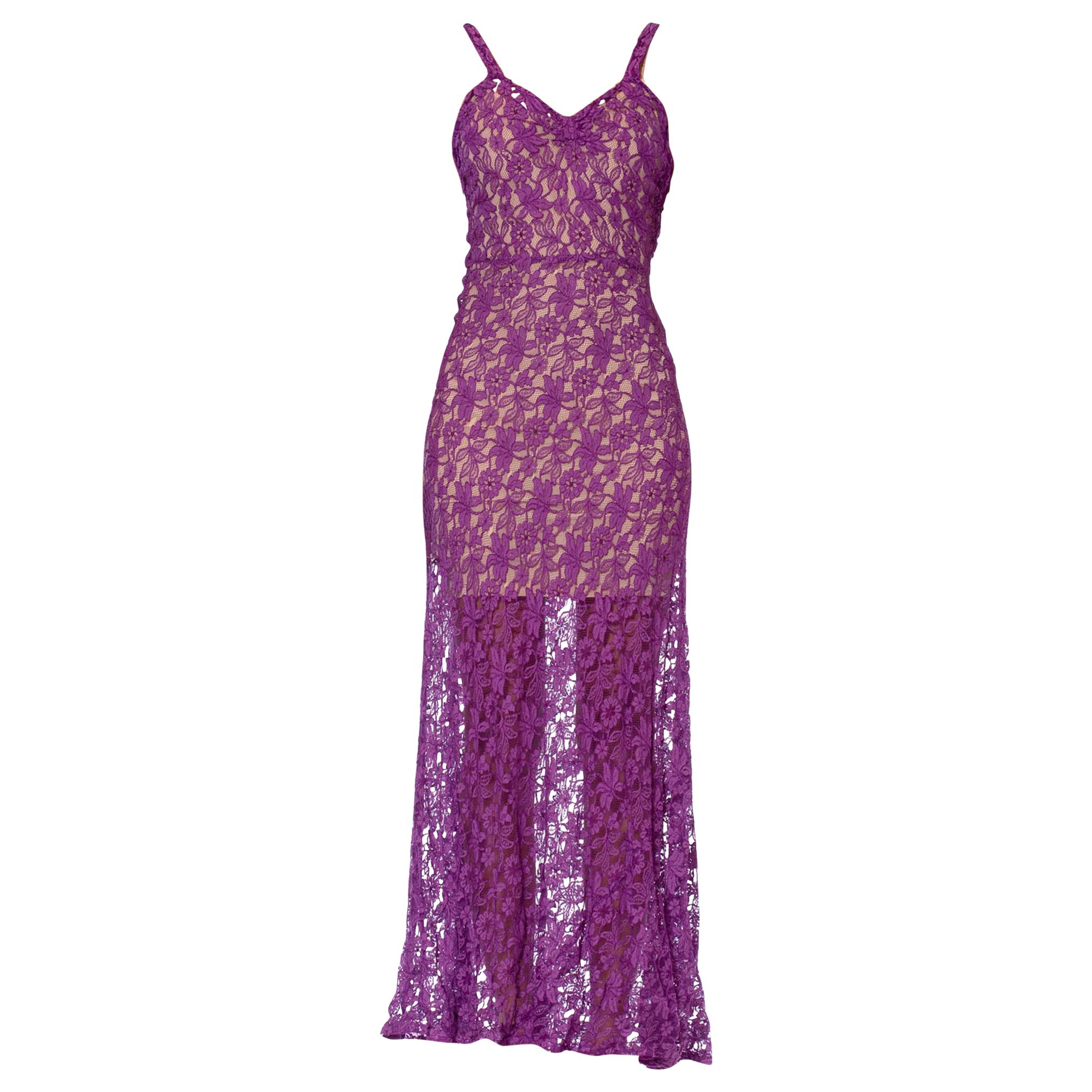 1930S Purple Sheer Rayon Blend Lace Gown