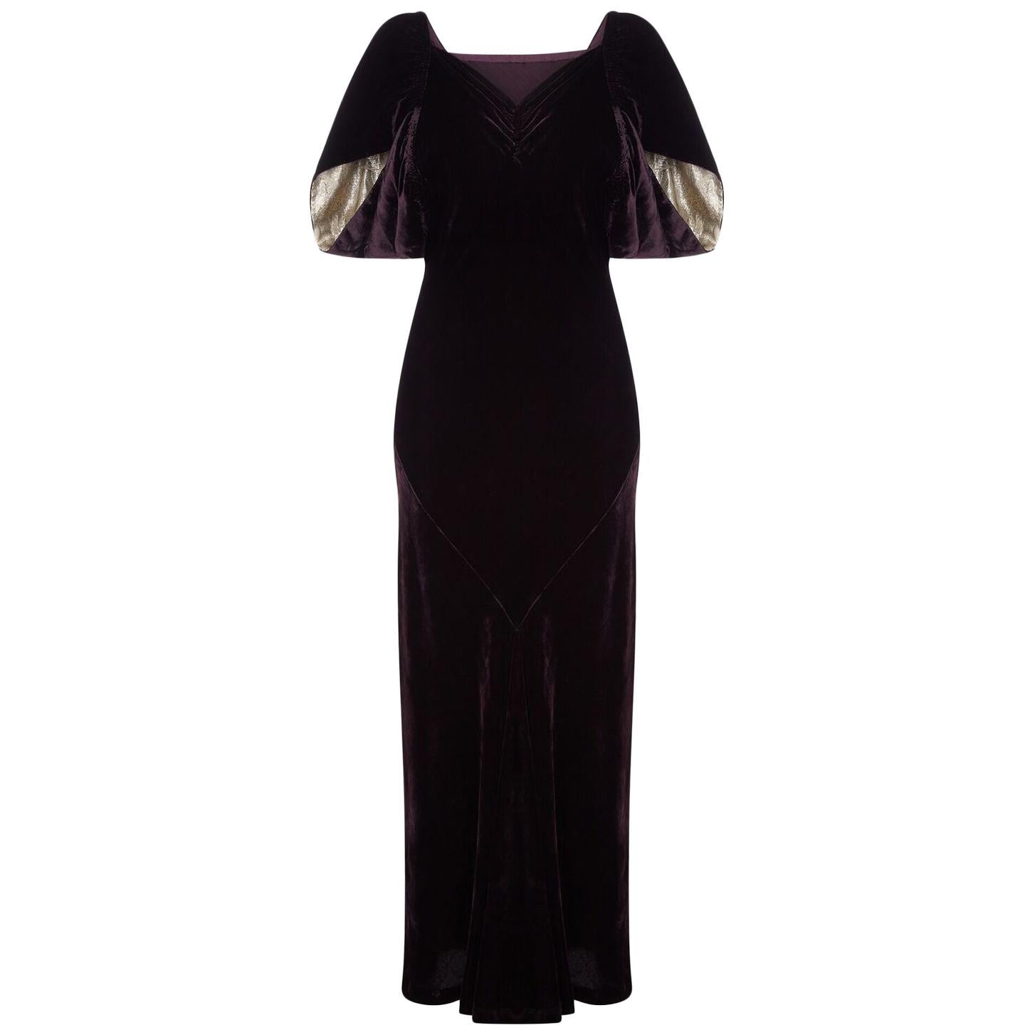 1930s Purple Velvet Lame Bias Cut Dress