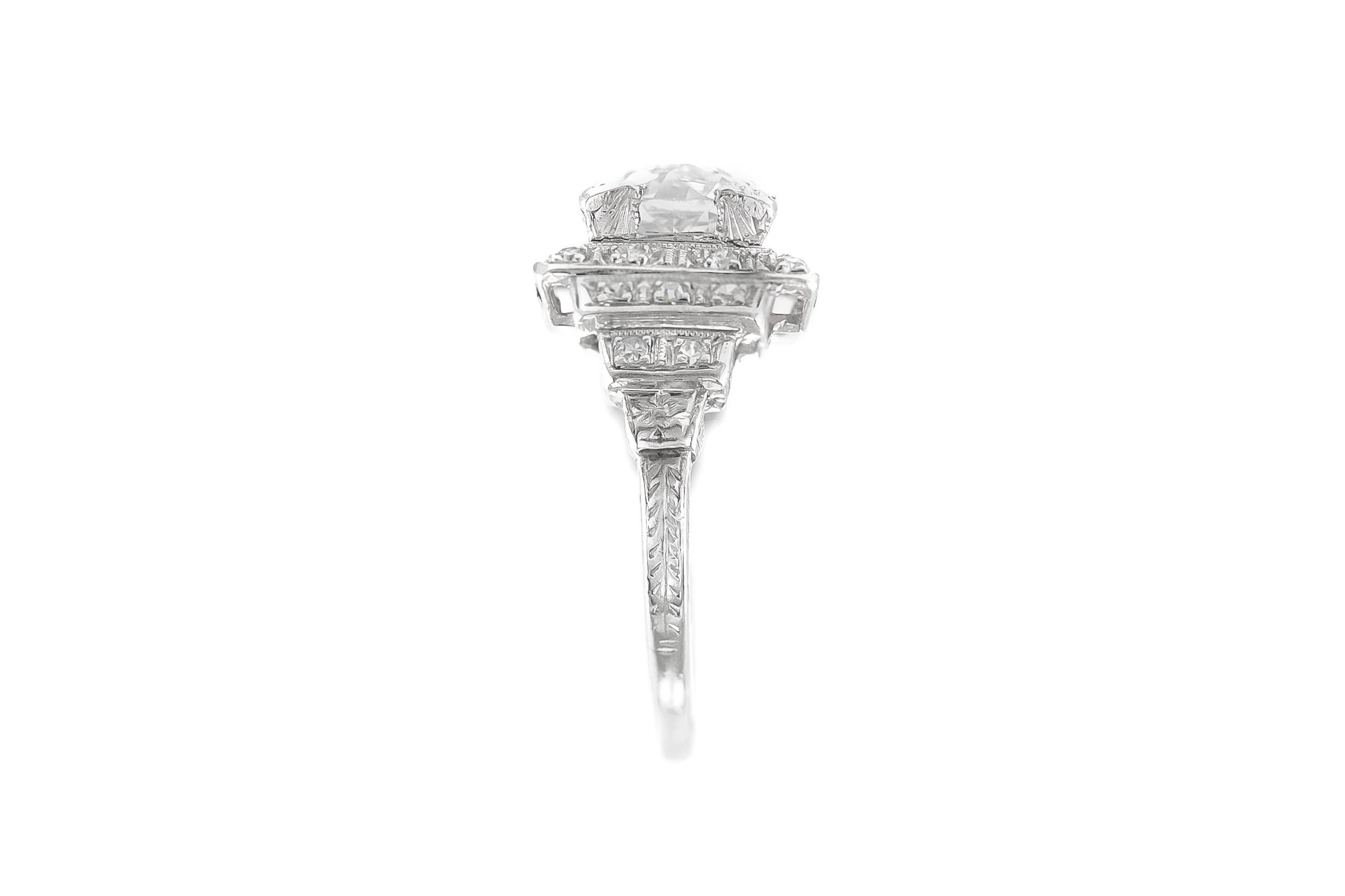 The beautiful ring is finely crafted in platinum with center diamond weighing approximately total of 1.36 carat .
Color I    Clarity VS1
Circa 1930
Easy to resize
