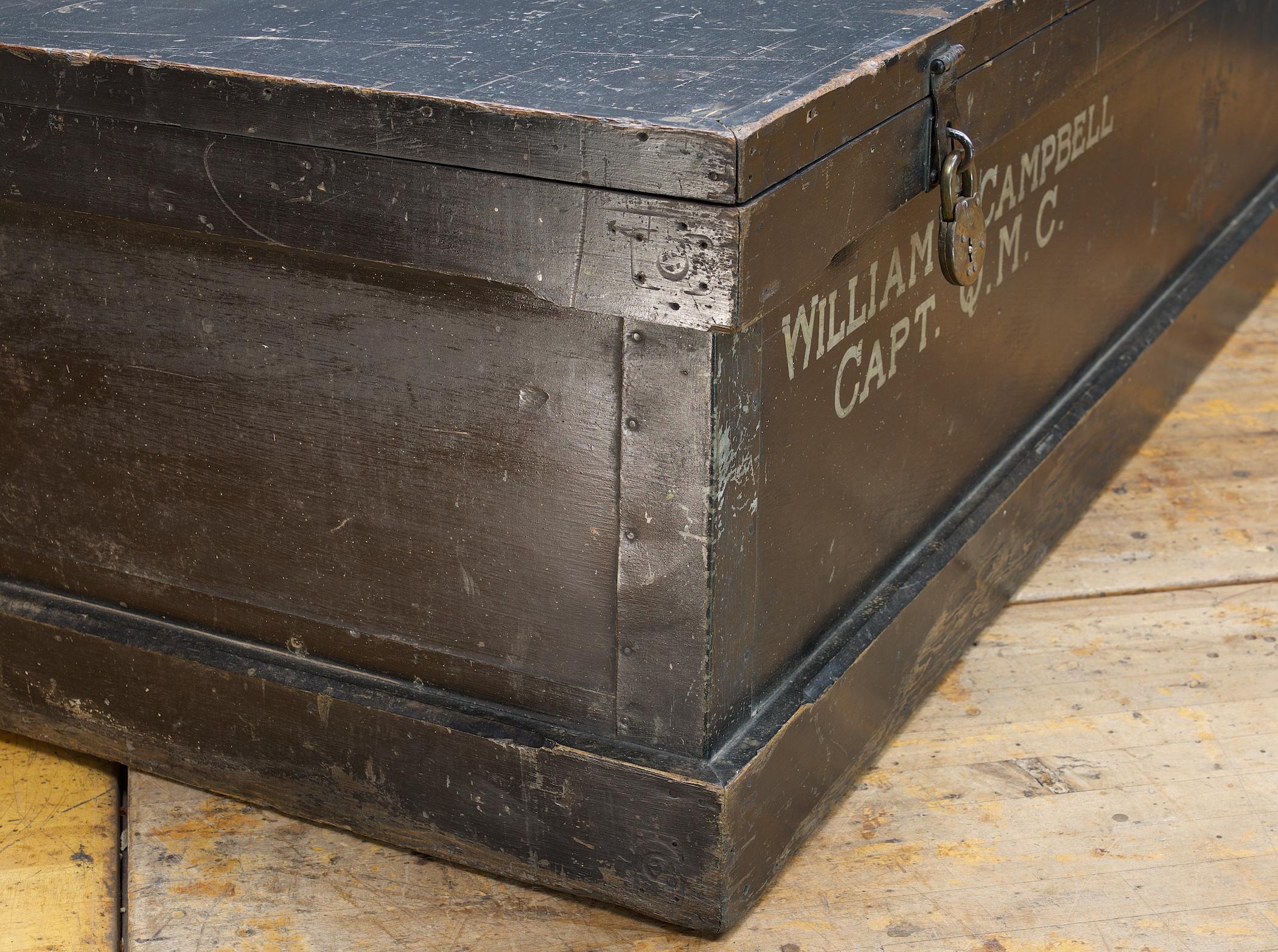 1930s Quartermasters Corps, Black Wooden Sea Crate 5-Foot Trunk Vintage Pre-War 3