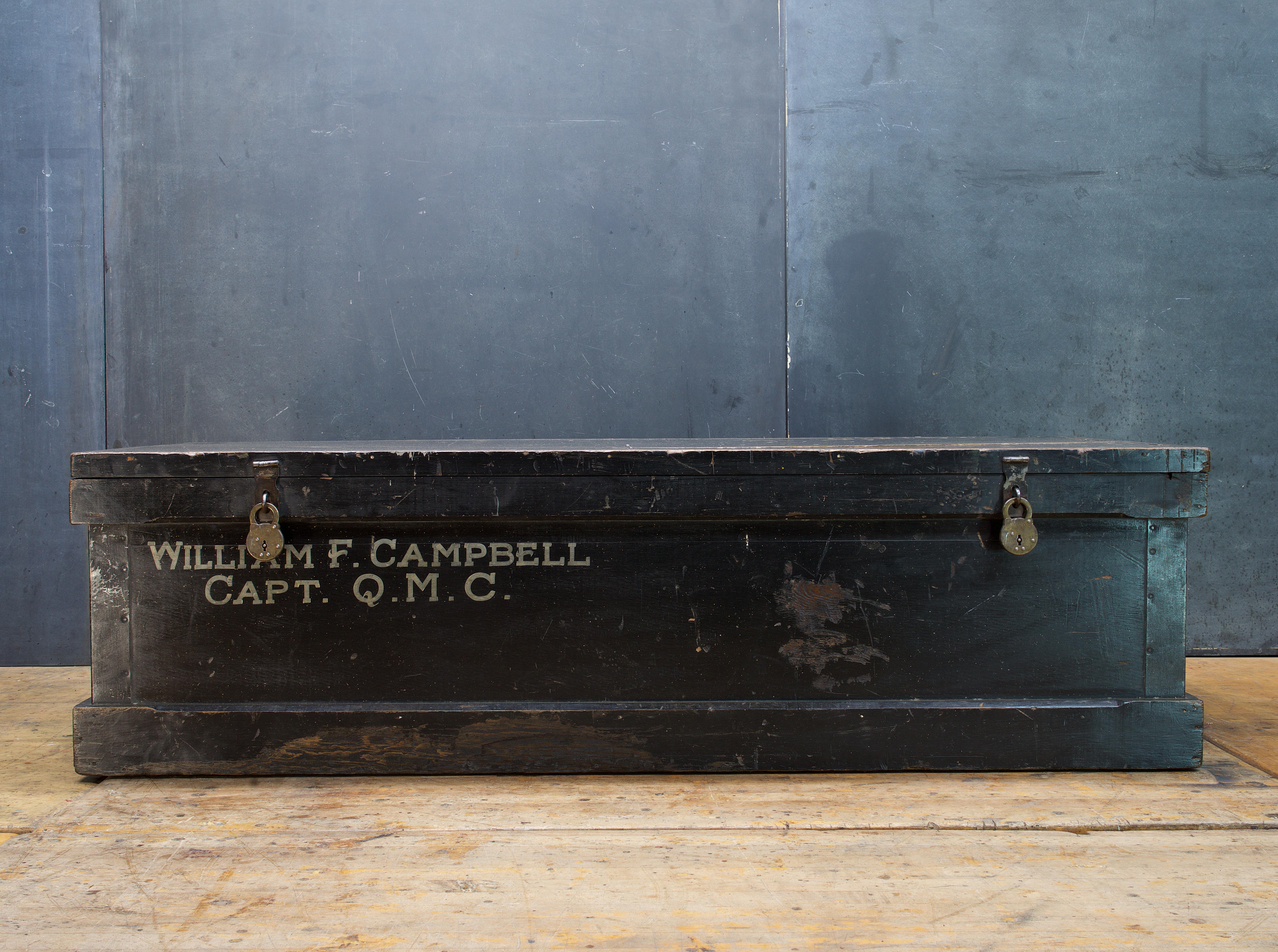 Industrial 1930s Quartermasters Corps, Black Wooden Sea Crate 5-Foot Trunk Vintage Pre-War