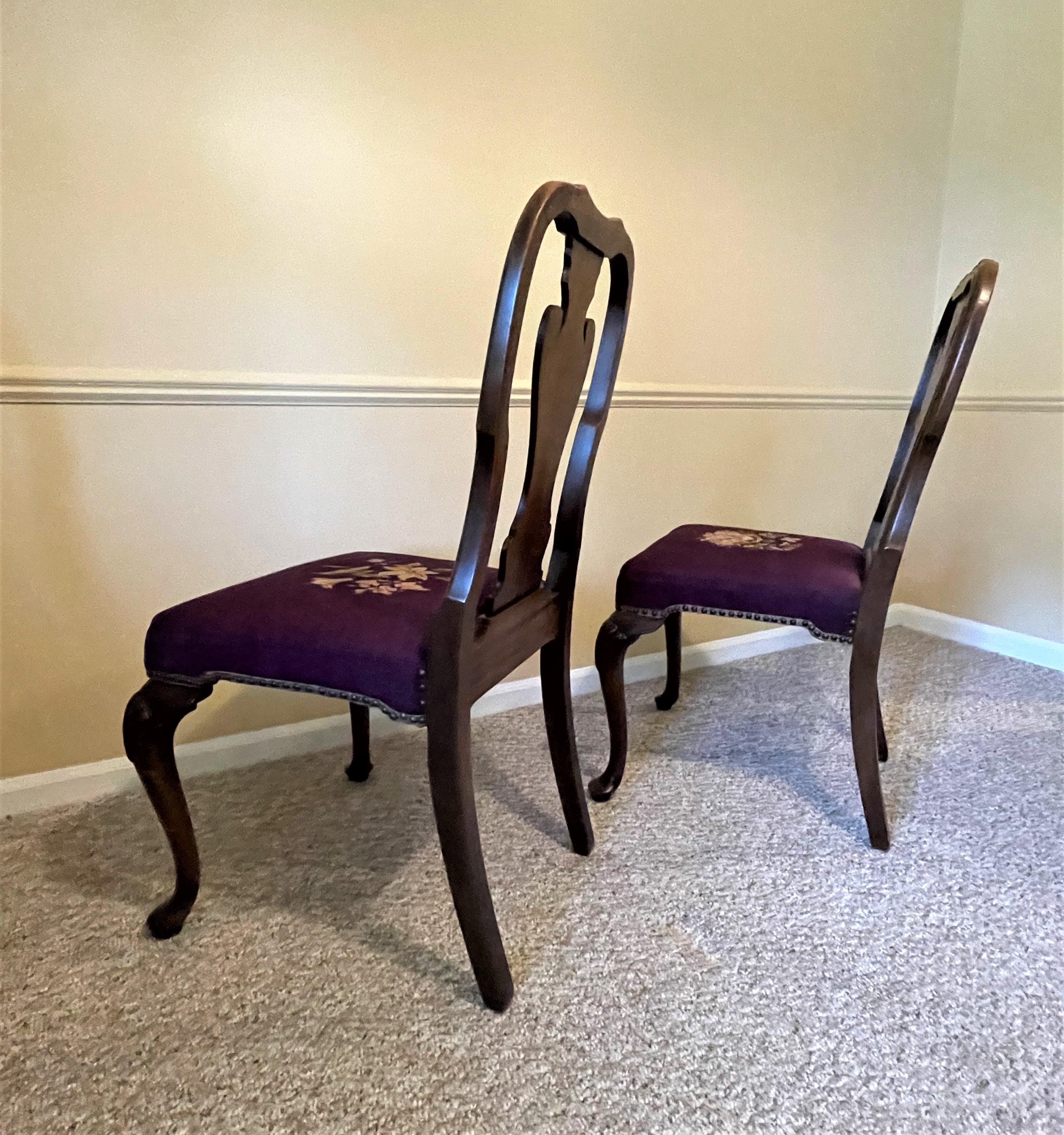 1930s Queen Ann Solid Walnut Dining Chairs with Aubergine Wool Needlepoint Seats For Sale 3