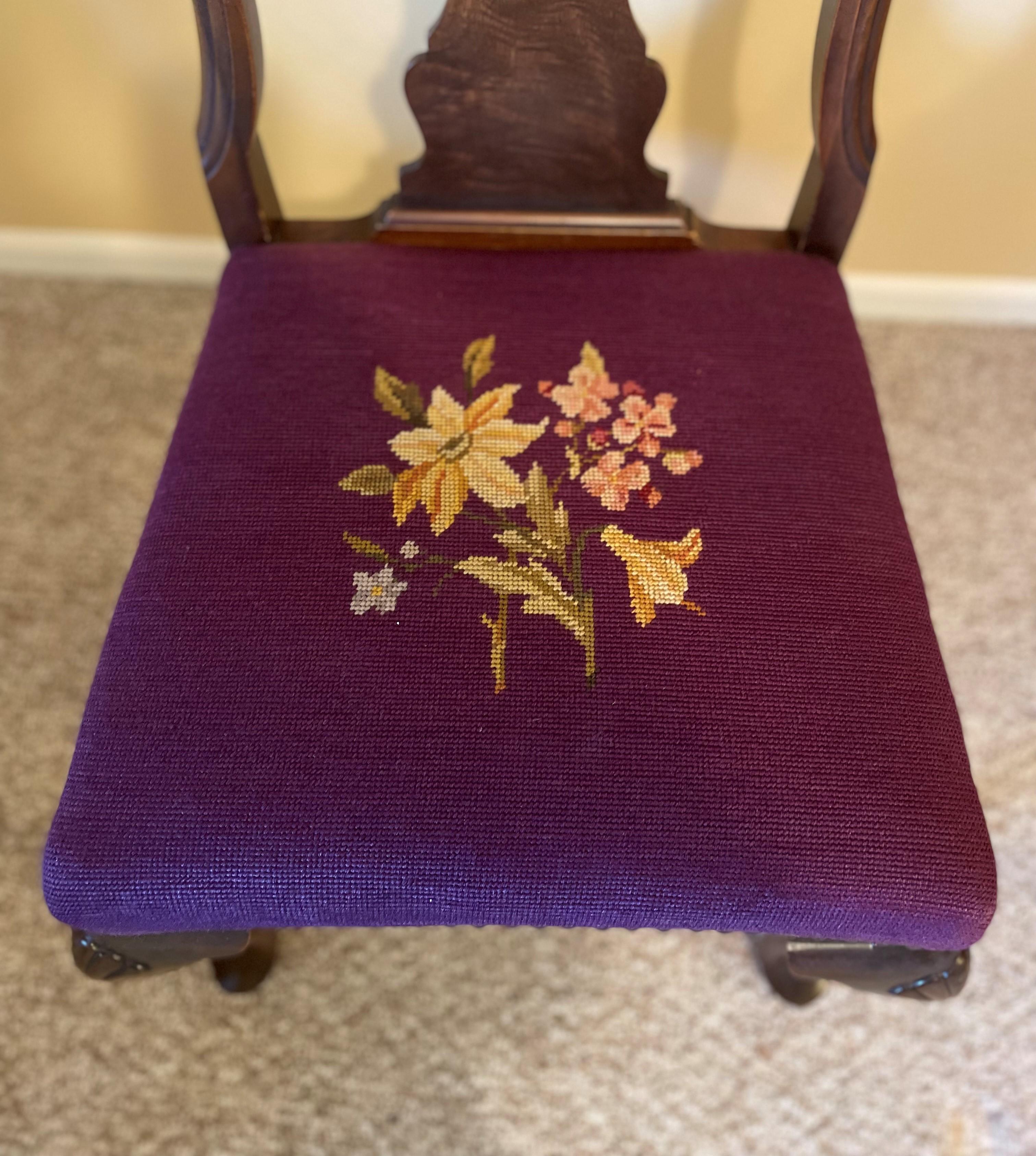 1930s Queen Ann Solid Walnut Dining Chairs with Aubergine Wool Needlepoint Seats For Sale 4