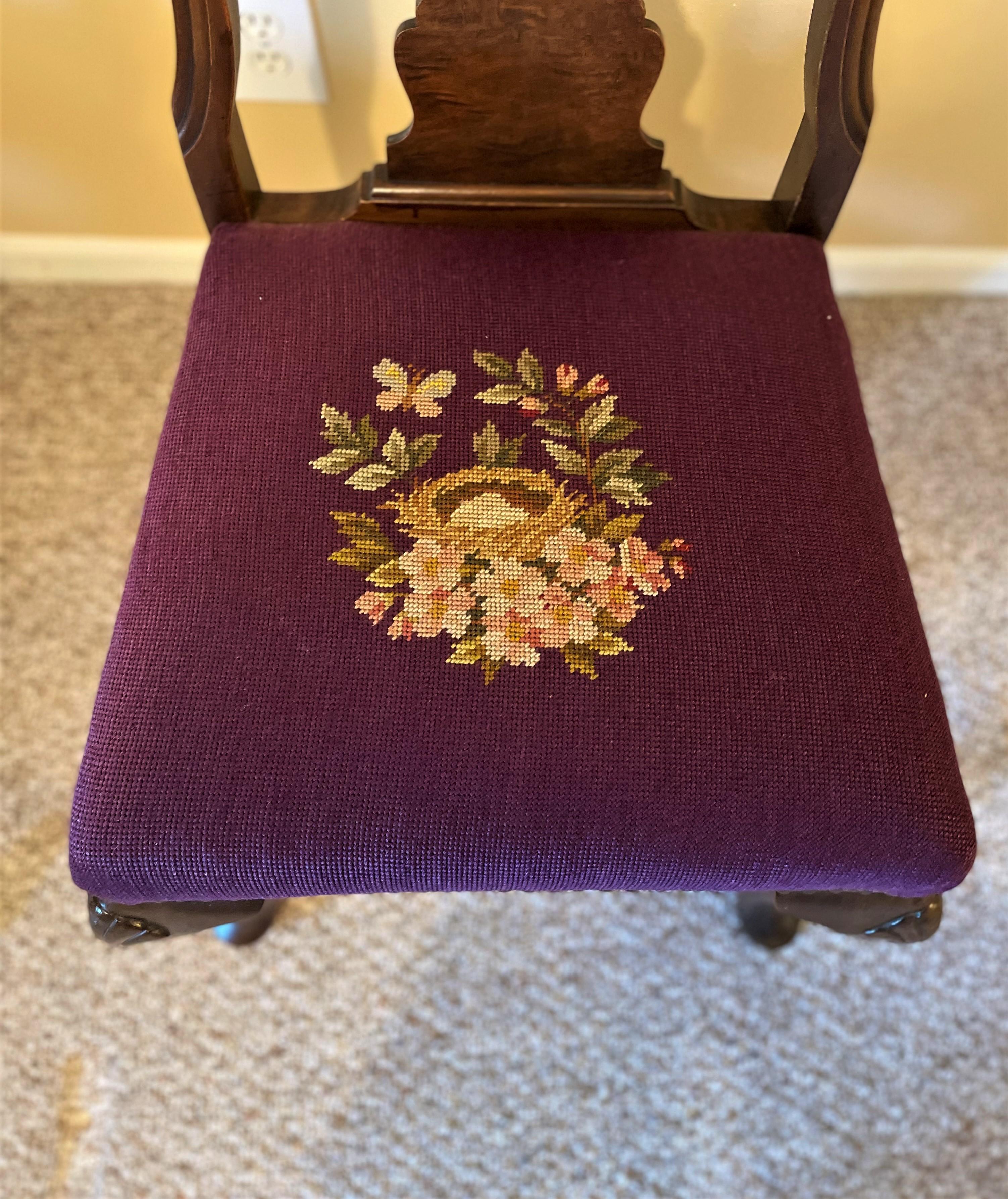 1930s Queen Ann Solid Walnut Dining Chairs with Aubergine Wool Needlepoint Seats For Sale 5