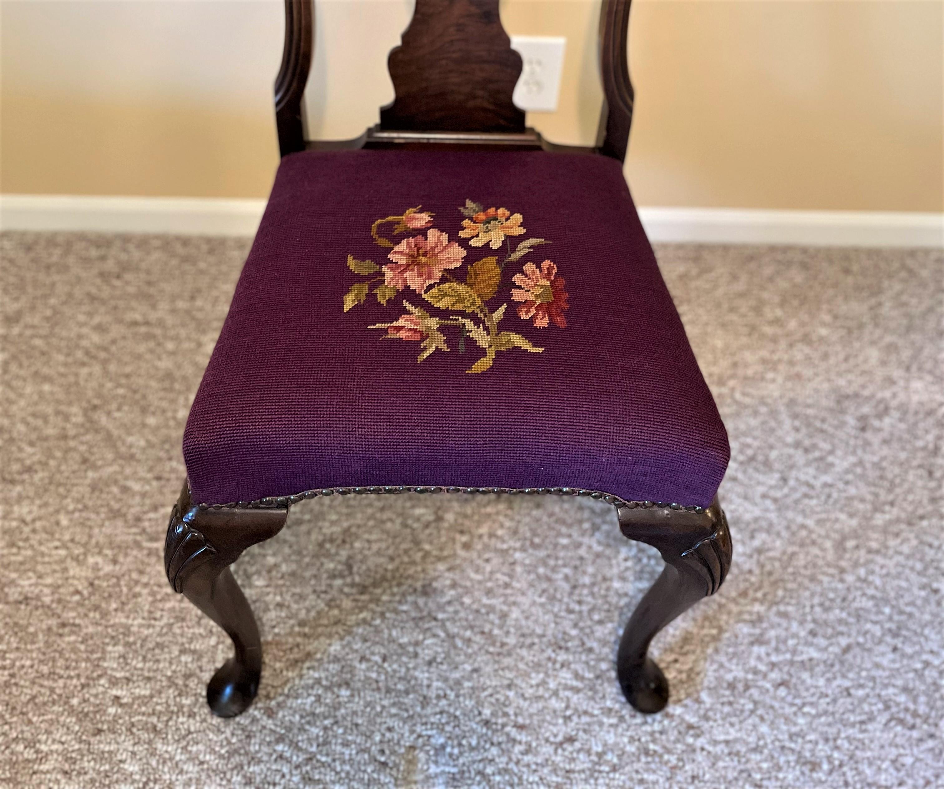 1930s Queen Ann Solid Walnut Dining Chairs with Aubergine Wool Needlepoint Seats For Sale 6