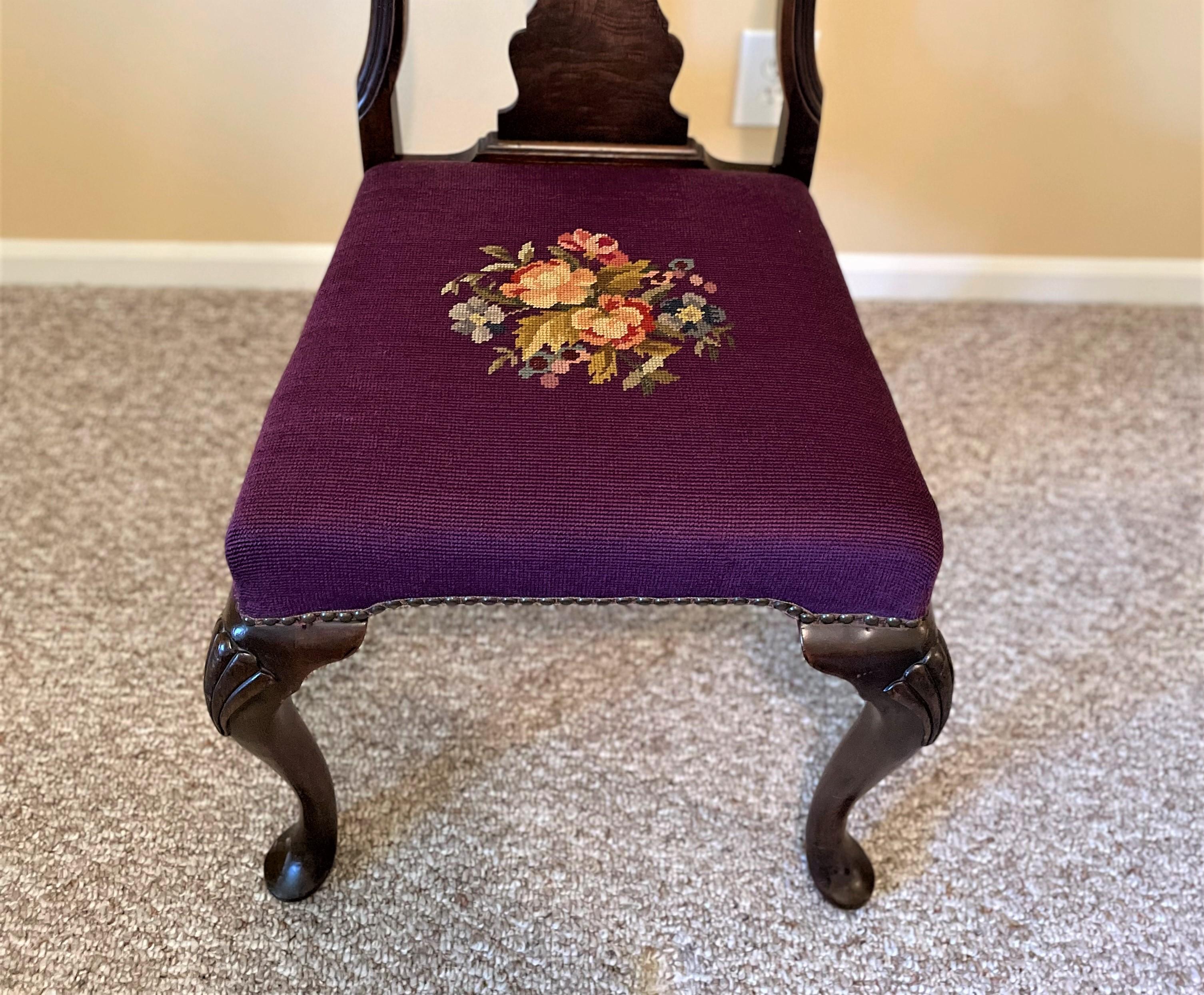 1930s Queen Ann Solid Walnut Dining Chairs with Aubergine Wool Needlepoint Seats For Sale 7