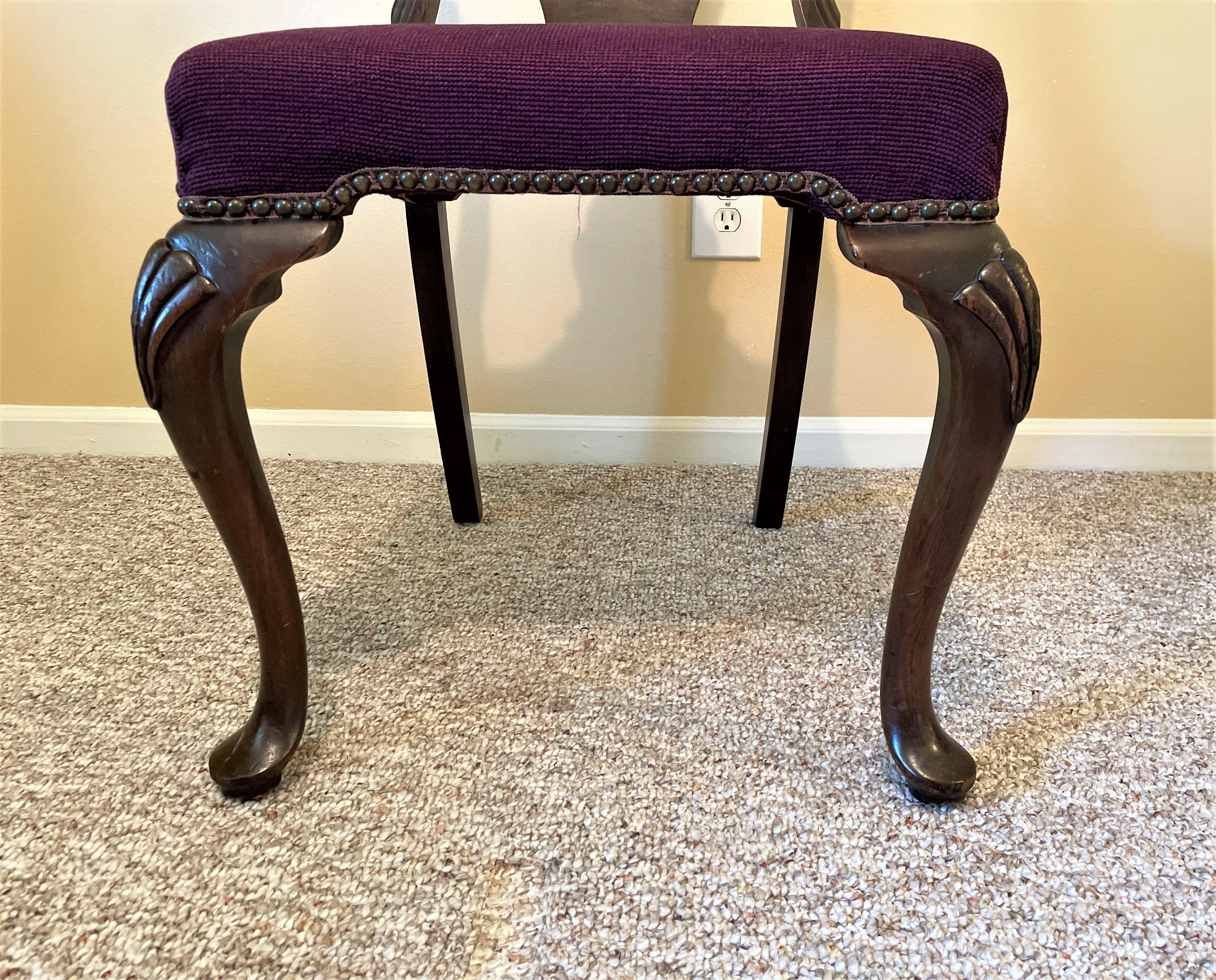 1930s Queen Ann Solid Walnut Dining Chairs with Aubergine Wool Needlepoint Seats For Sale 9