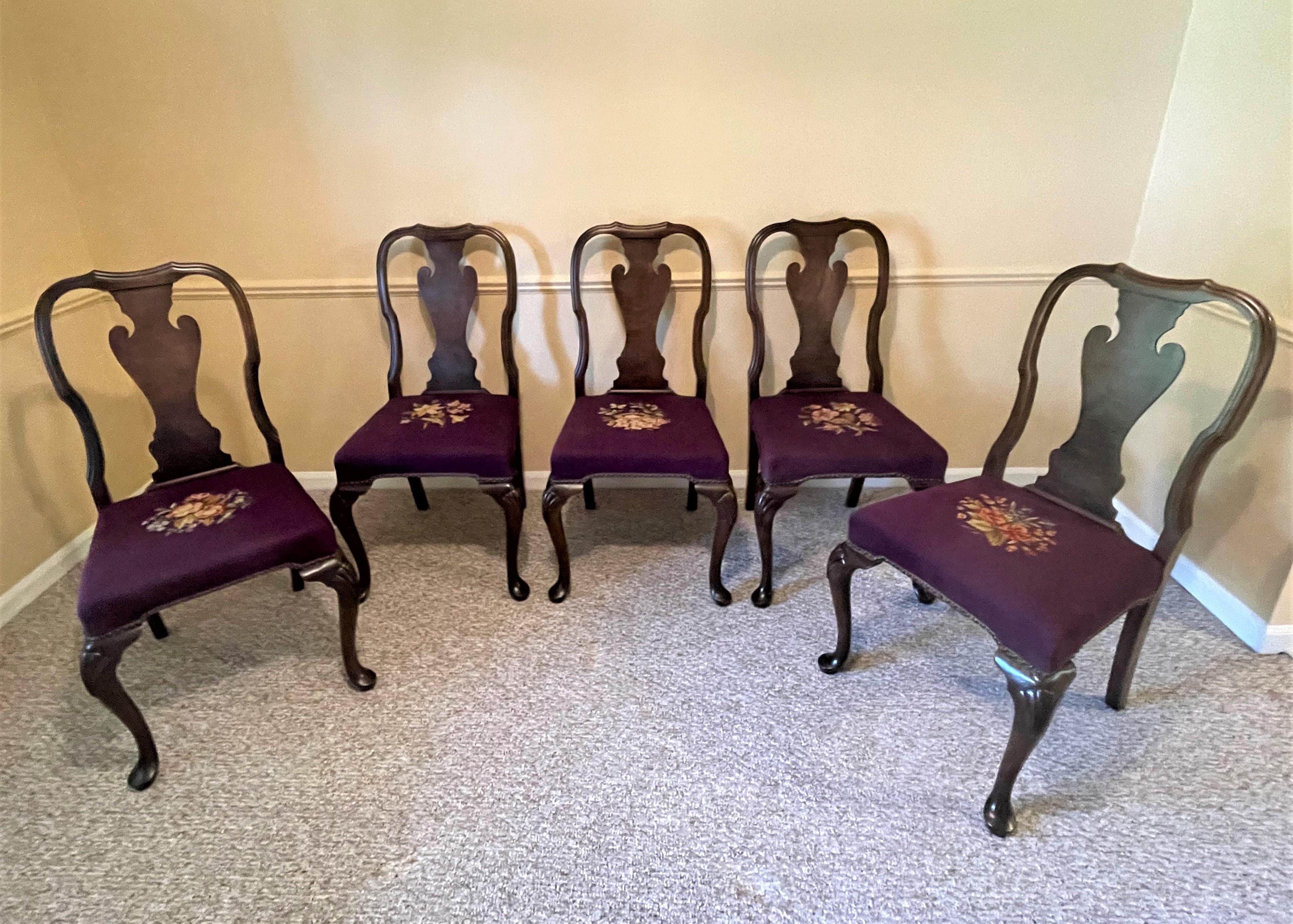 Queen Anne 1930s Queen Ann Solid Walnut Dining Chairs with Aubergine Wool Needlepoint Seats For Sale