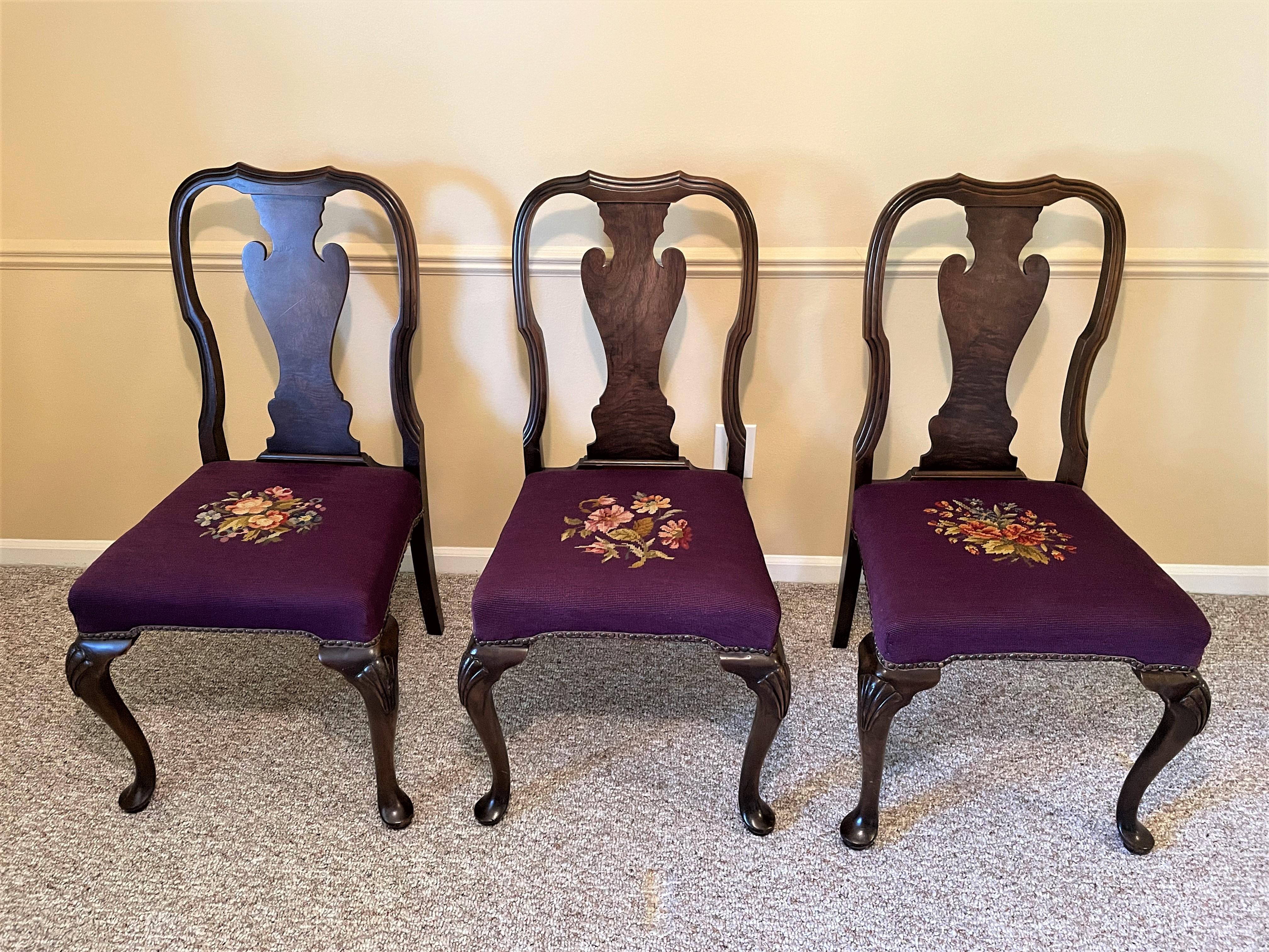 American 1930s Queen Ann Solid Walnut Dining Chairs with Aubergine Wool Needlepoint Seats For Sale