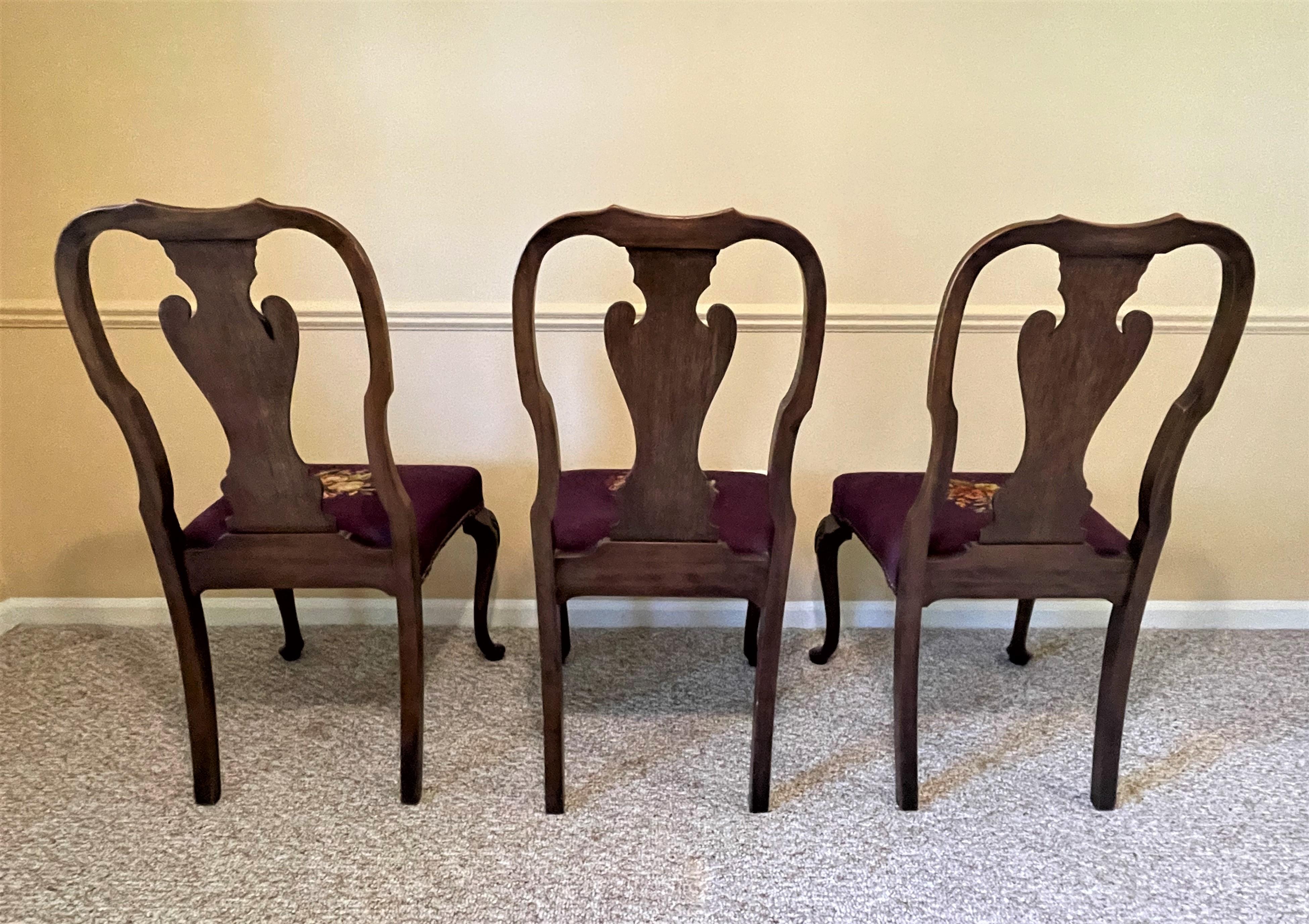 1930s Queen Ann Solid Walnut Dining Chairs with Aubergine Wool Needlepoint Seats In Excellent Condition For Sale In Austin, TX