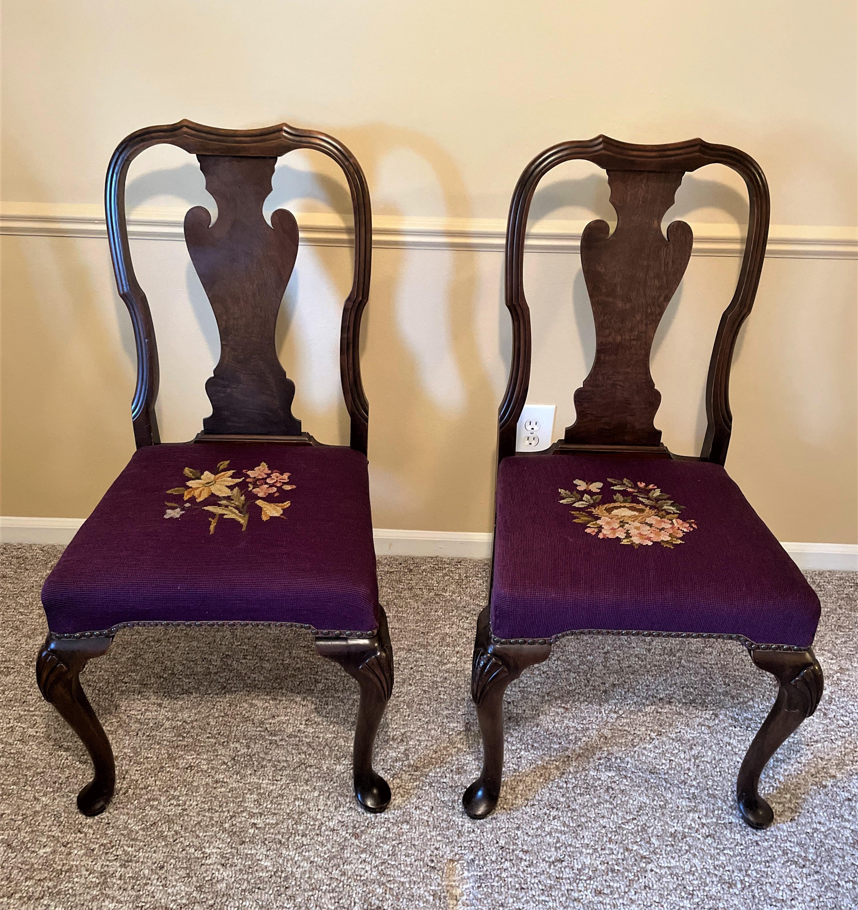20th Century 1930s Queen Ann Solid Walnut Dining Chairs with Aubergine Wool Needlepoint Seats For Sale