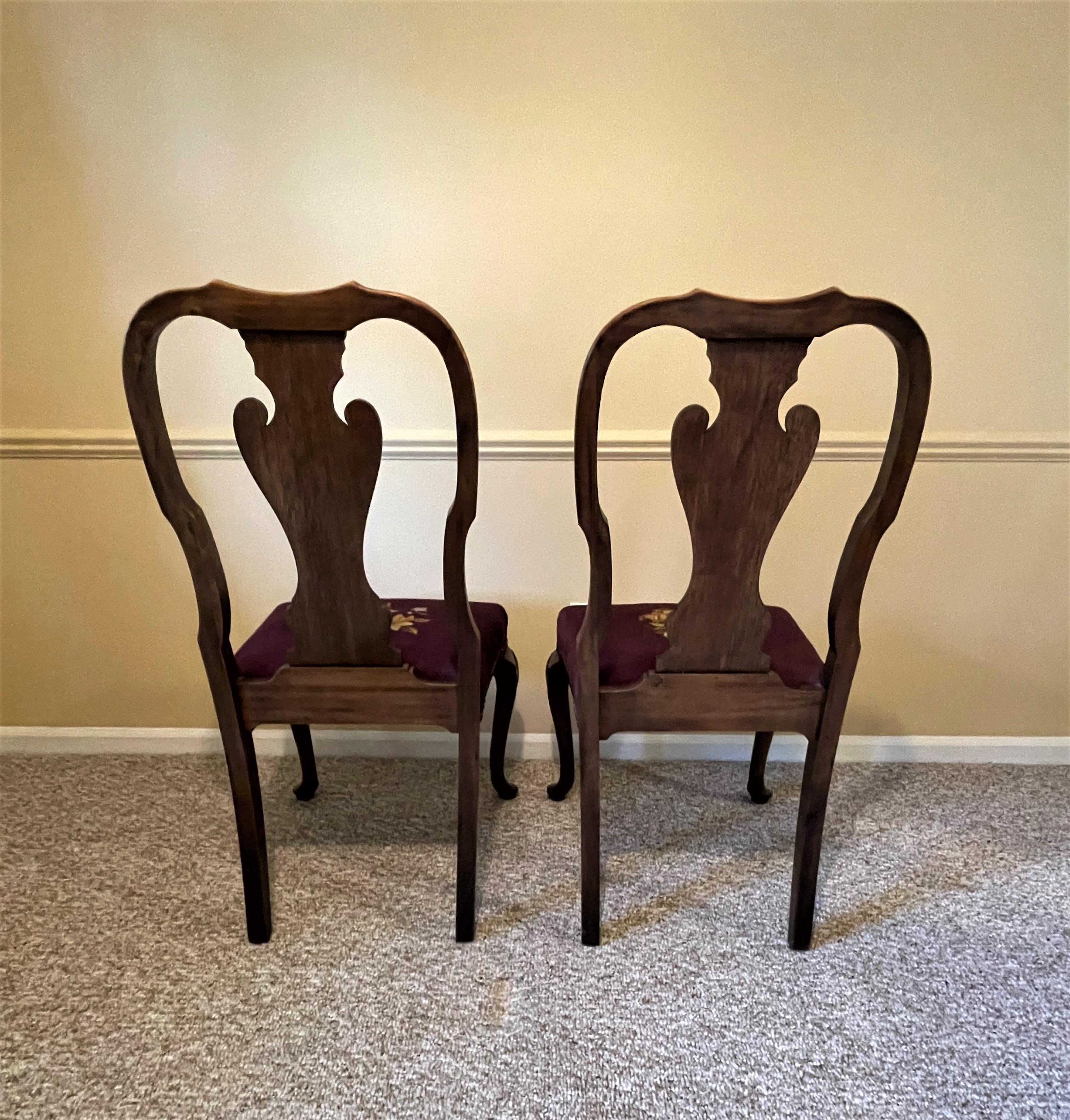Brass 1930s Queen Ann Solid Walnut Dining Chairs with Aubergine Wool Needlepoint Seats For Sale