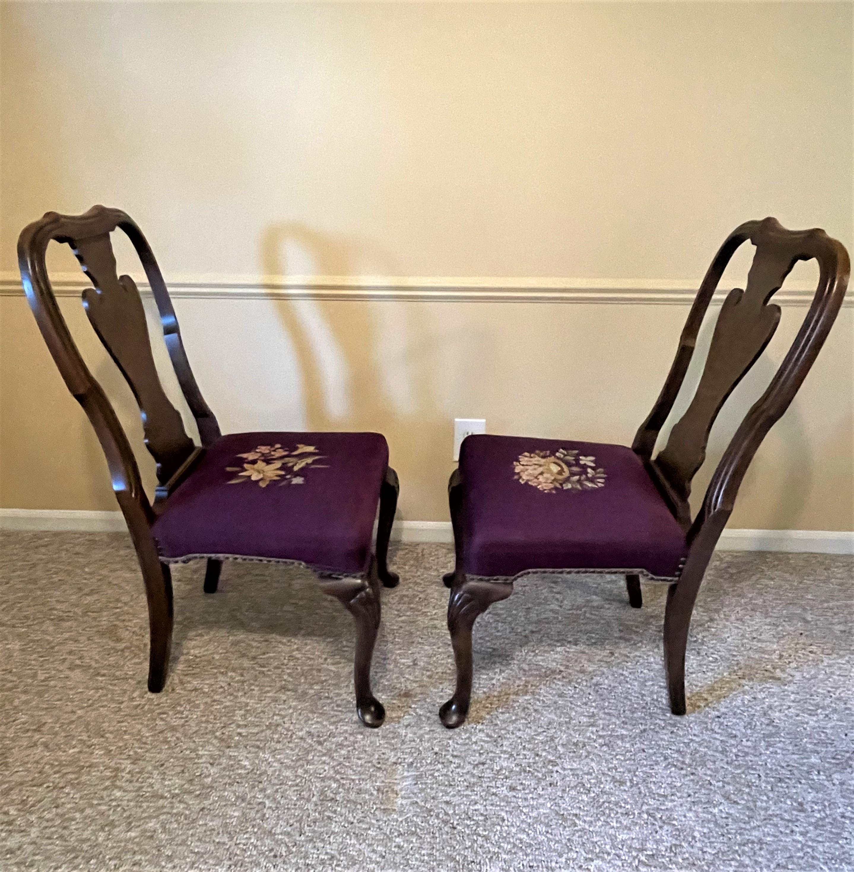 1930s Queen Ann Solid Walnut Dining Chairs with Aubergine Wool Needlepoint Seats For Sale 1