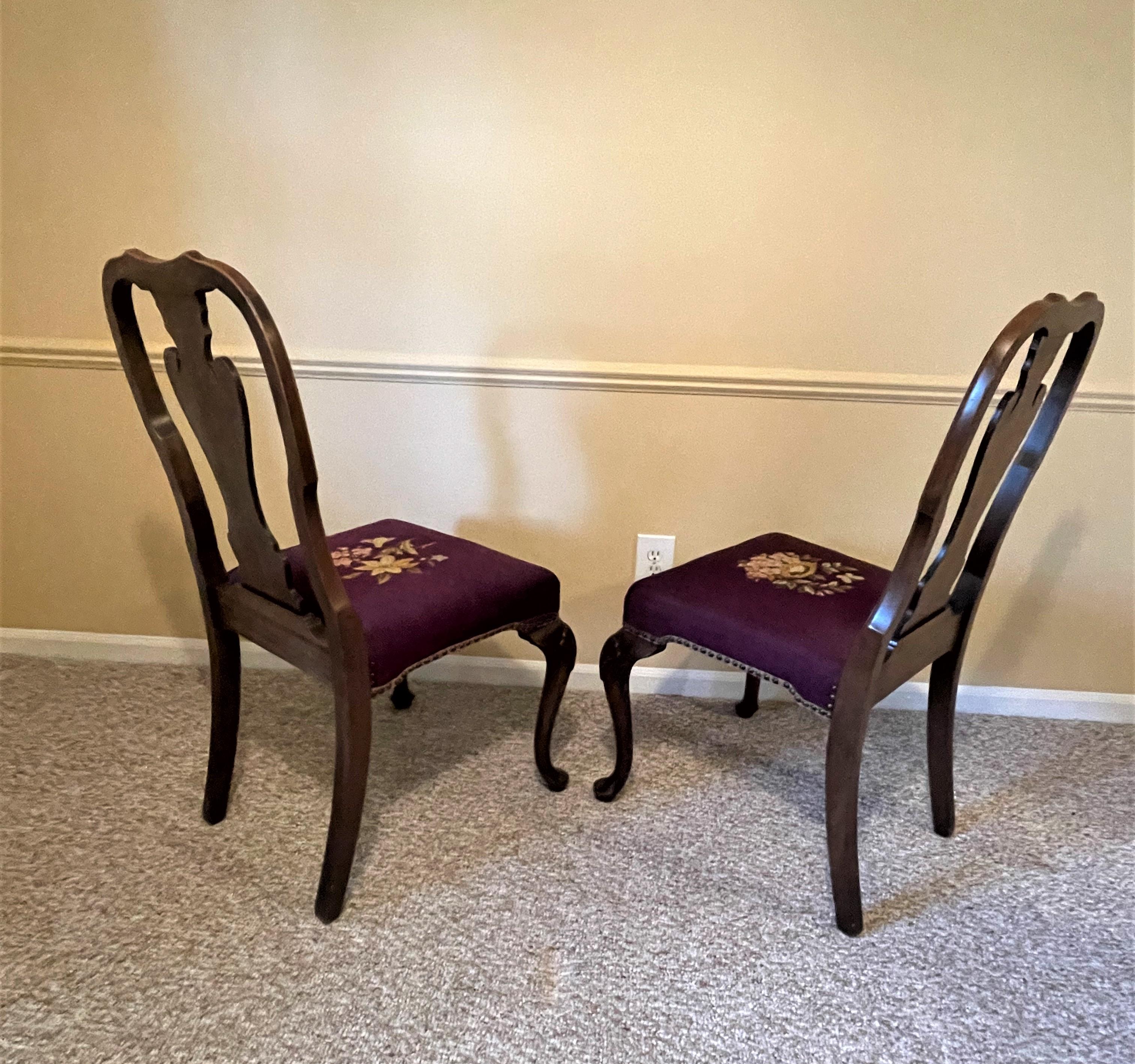 1930s Queen Ann Solid Walnut Dining Chairs with Aubergine Wool Needlepoint Seats For Sale 2