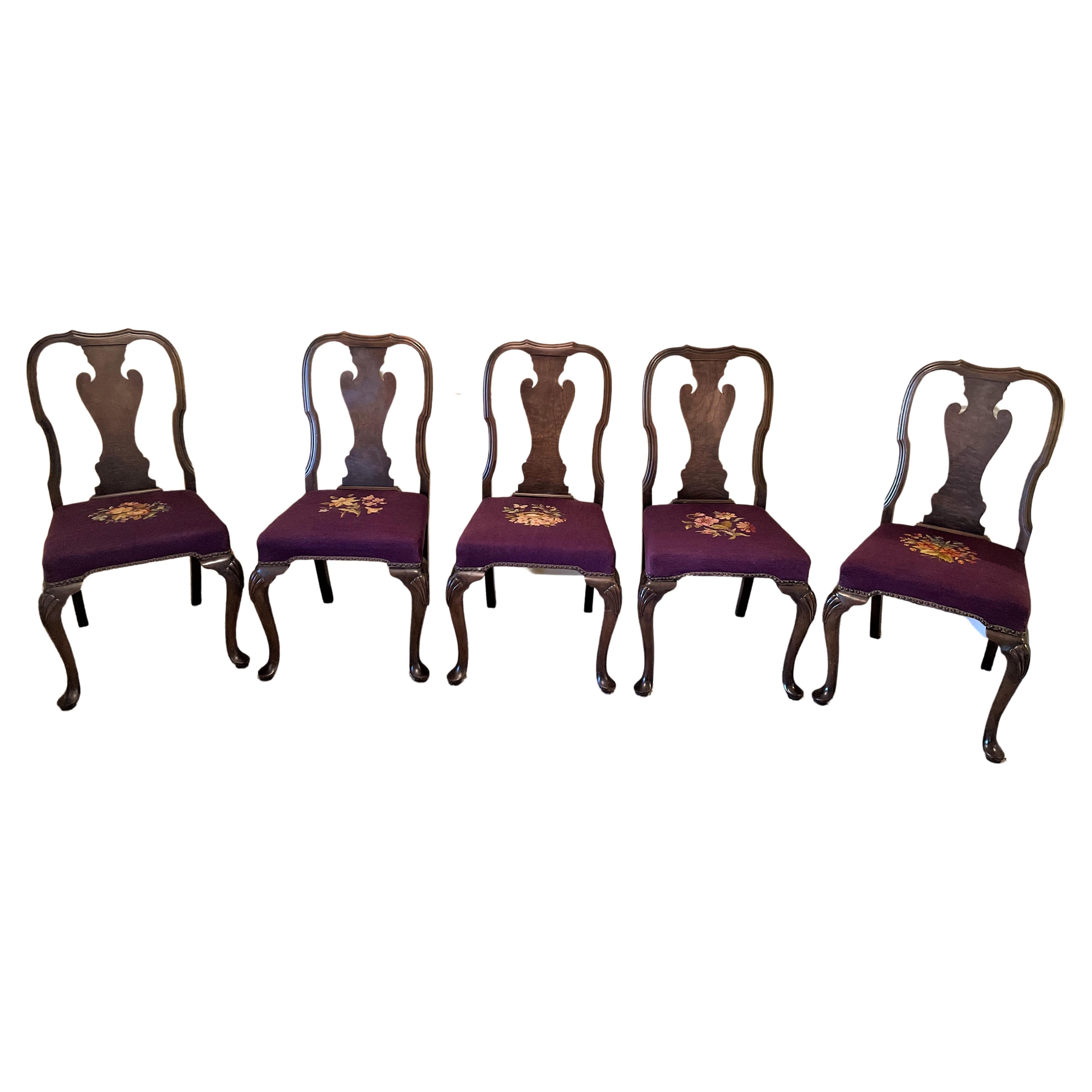 1930s Queen Ann Solid Walnut Dining Chairs with Aubergine Wool Needlepoint Seats For Sale