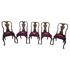 Antique 1930s Queen Ann Solid Walnut Dining Chairs with Aubergine Wool Needlepoint Seats