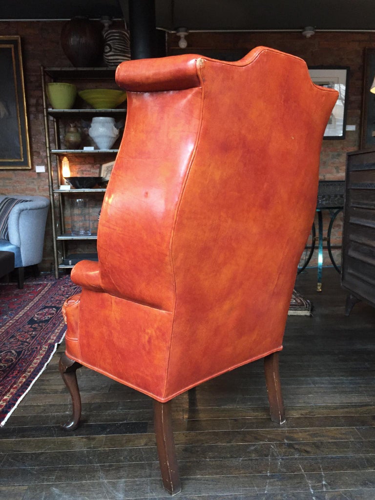 1930s Queen Anne Style English Leather Wingback Chair Bei