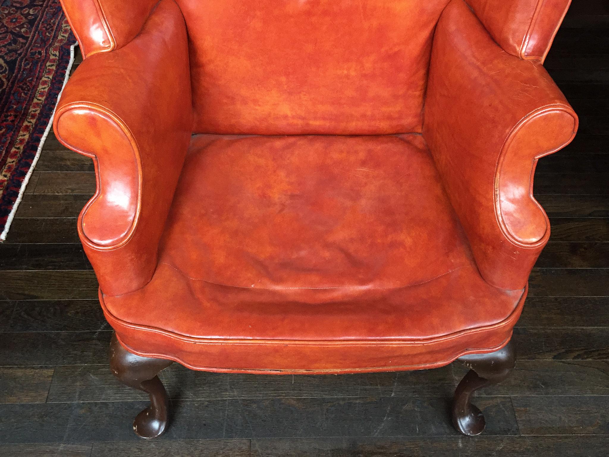1930s Queen Anne-Style English Leather Wingback Chair 9