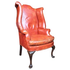 1930s Queen Anne-Style English Leather Wingback Chair