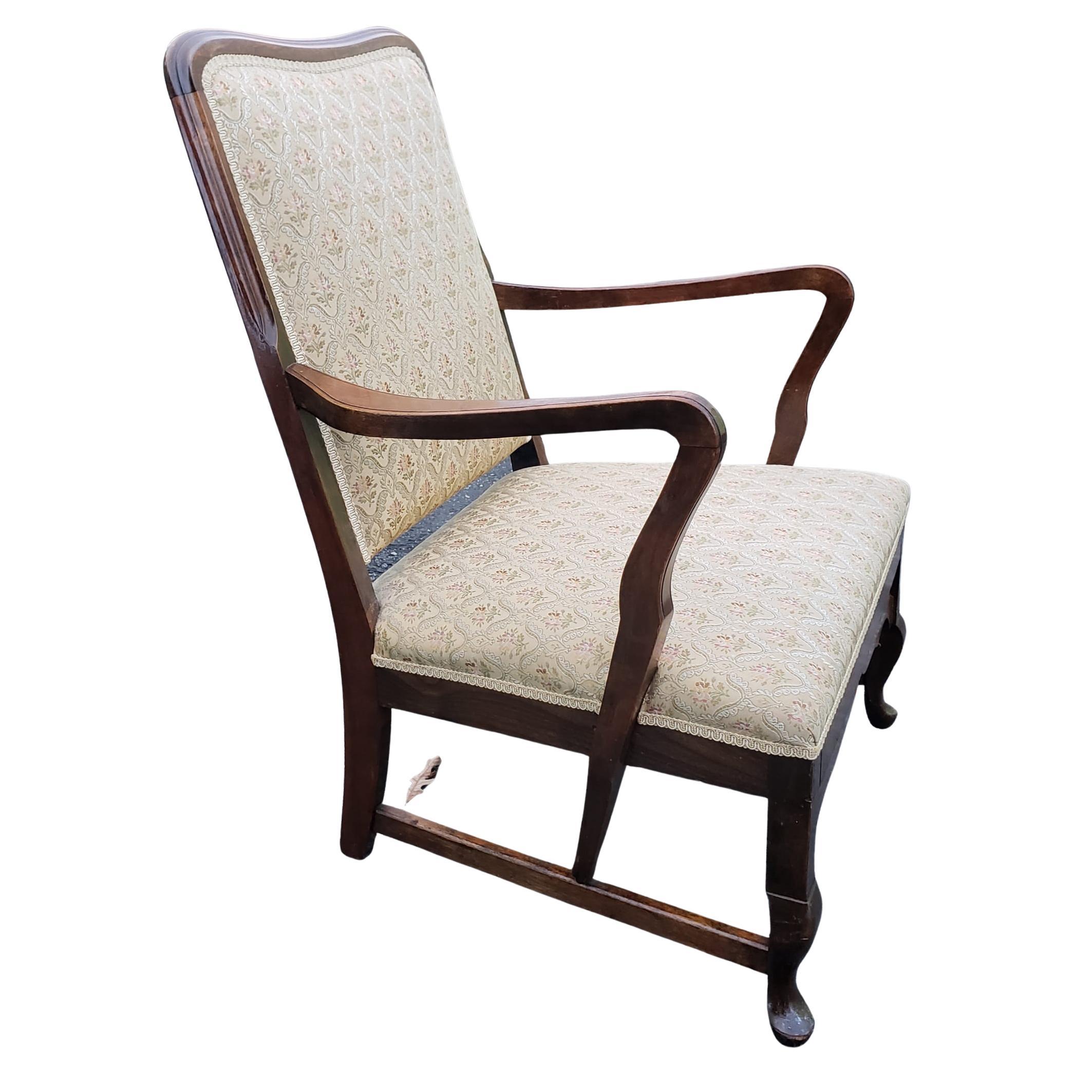 1930s Queen Anne Style Low height Walnut Upholstered Lounge chair in great vintage condition. Very clean upholstery.
