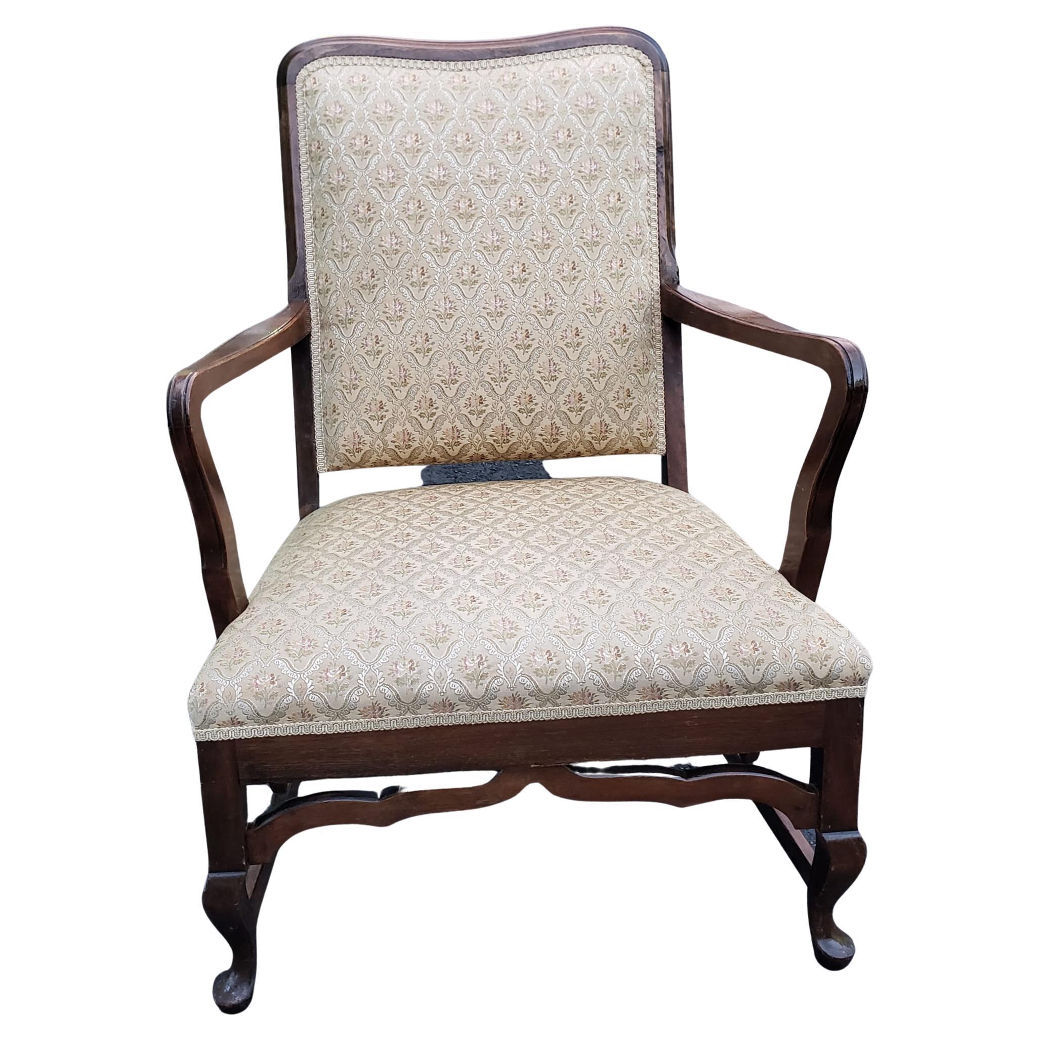 American 1930s Queen Anne Style Low Walnut Upholstered Lounge Chair For Sale