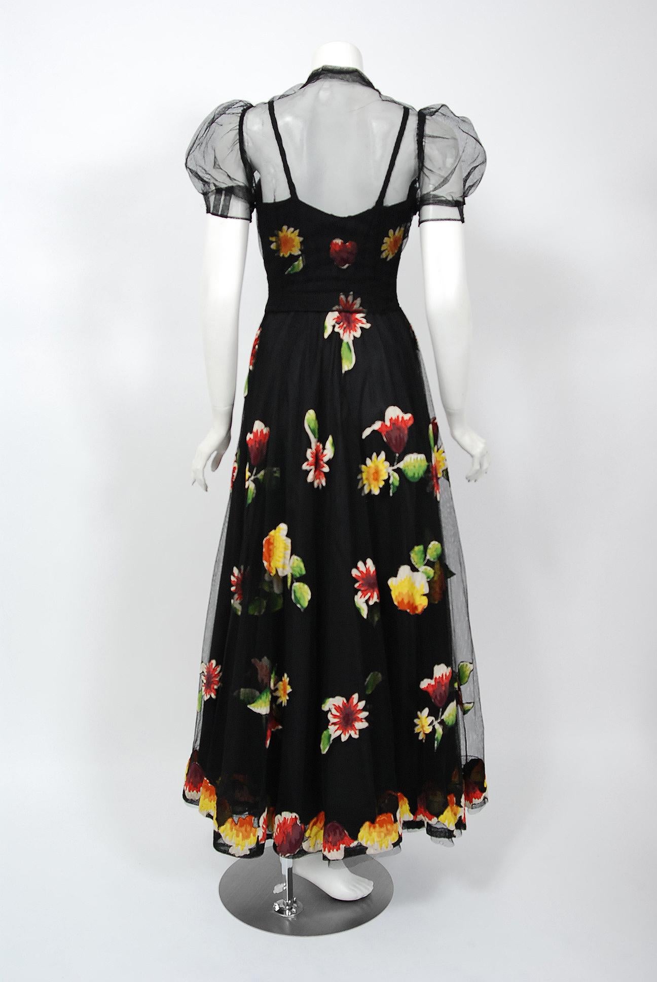 1930's Rainbow Floral Applique Silk & Sheer Net-Tulle Puff Sleeve Gown Ensemble 5