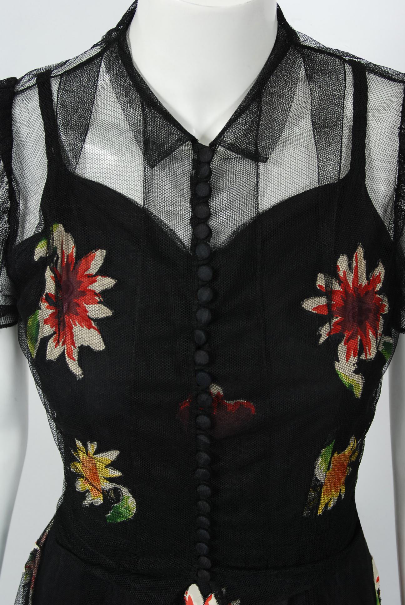 Black 1930's Rainbow Floral Applique Silk & Sheer Net-Tulle Puff Sleeve Gown Ensemble