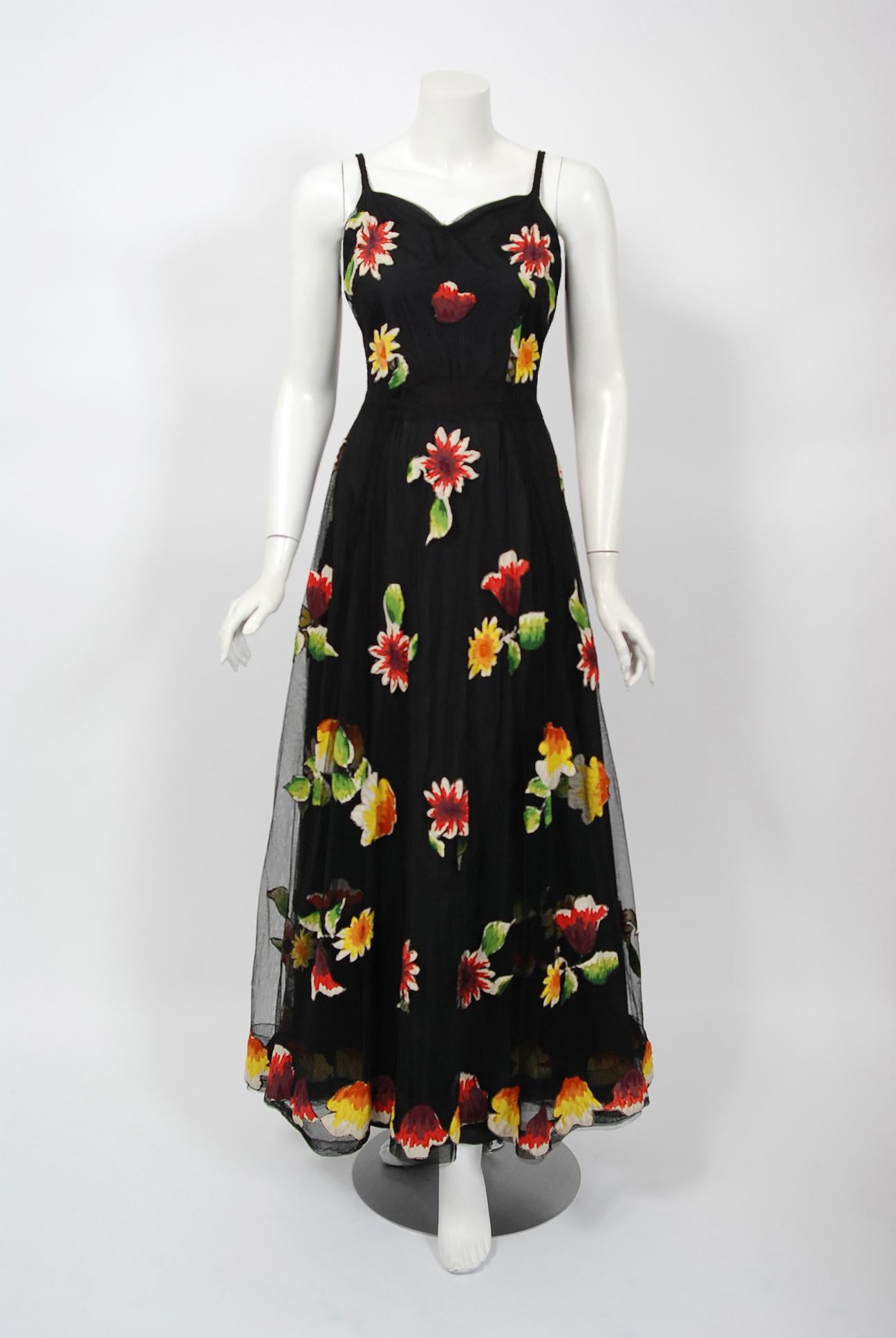 1930's Rainbow Floral Applique Silk & Sheer Net-Tulle Puff Sleeve Gown Ensemble In Good Condition In Beverly Hills, CA
