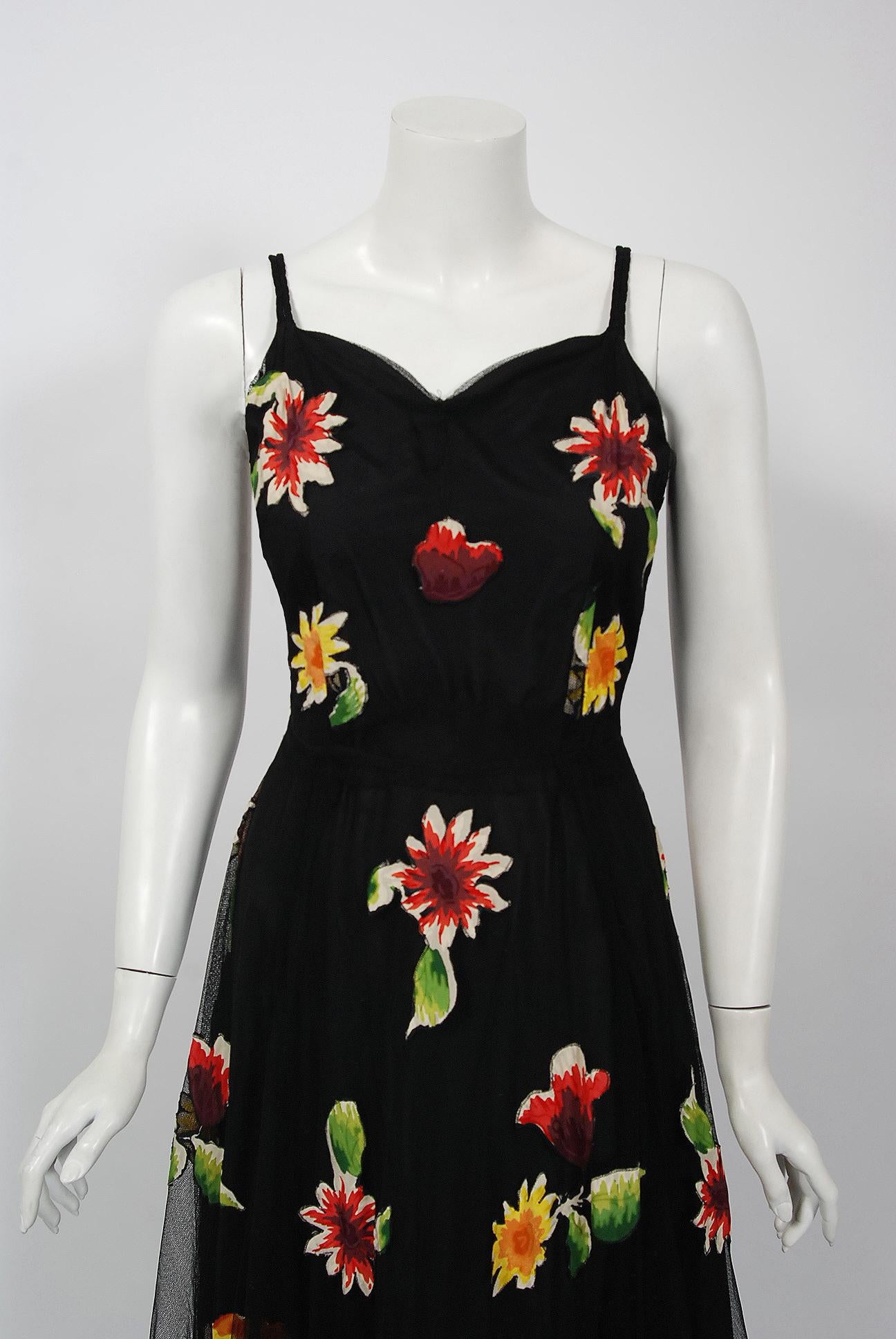 Women's 1930's Rainbow Floral Applique Silk & Sheer Net-Tulle Puff Sleeve Gown Ensemble