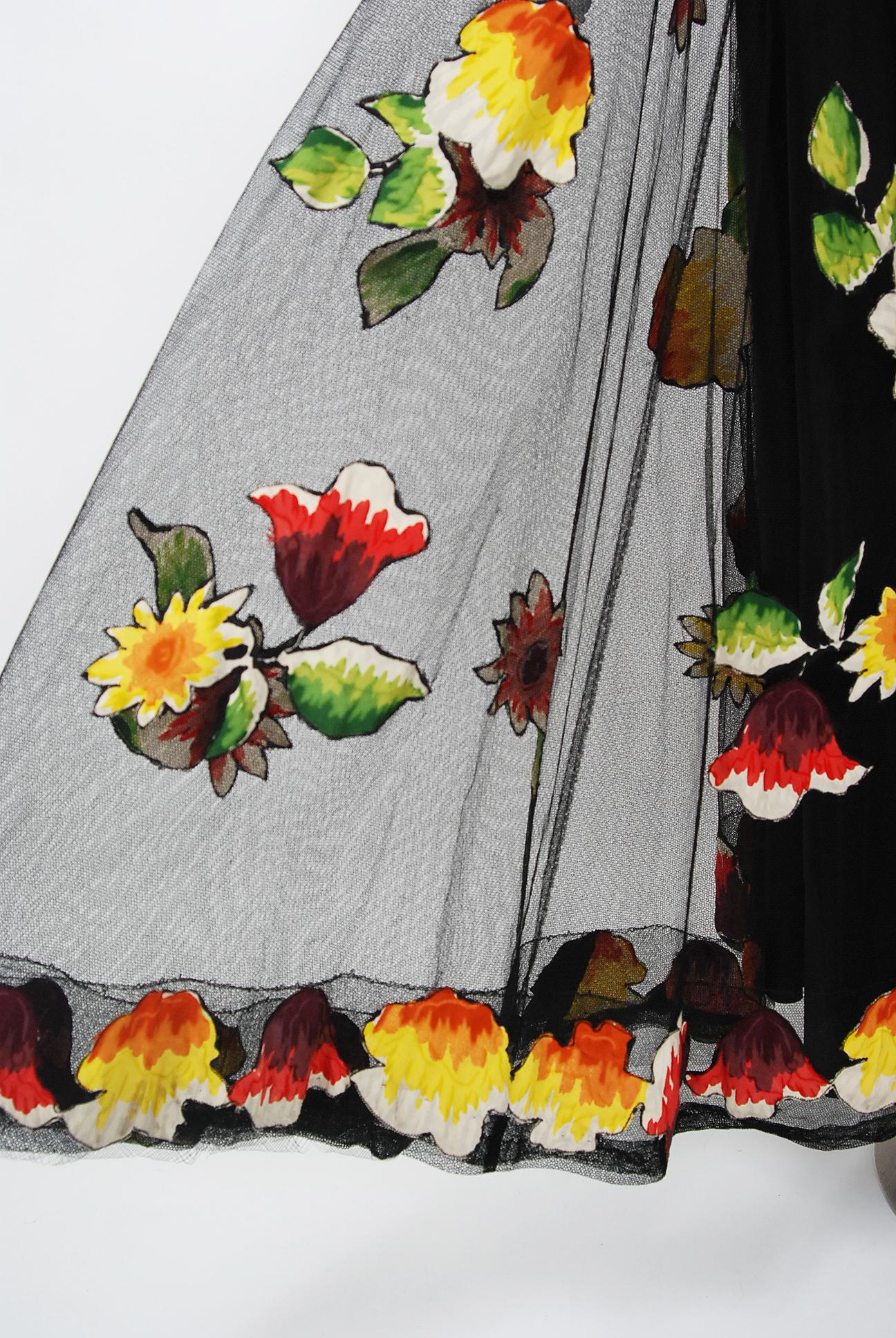 1930's Rainbow Floral Applique Silk & Sheer Net-Tulle Puff Sleeve Gown Ensemble 1
