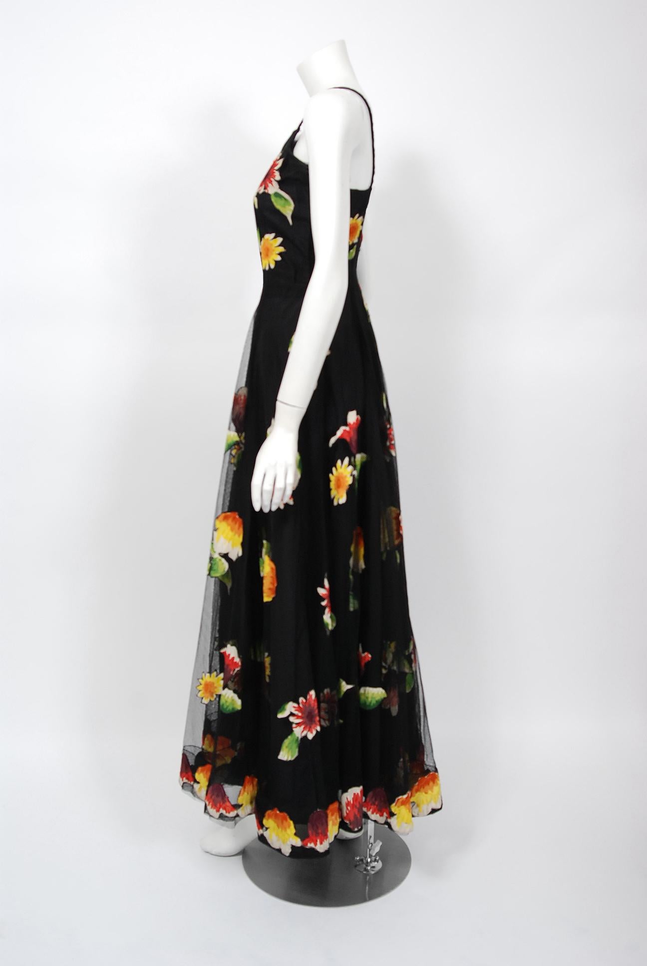 1930's Rainbow Floral Applique Silk & Sheer Net-Tulle Puff Sleeve Gown Ensemble 2