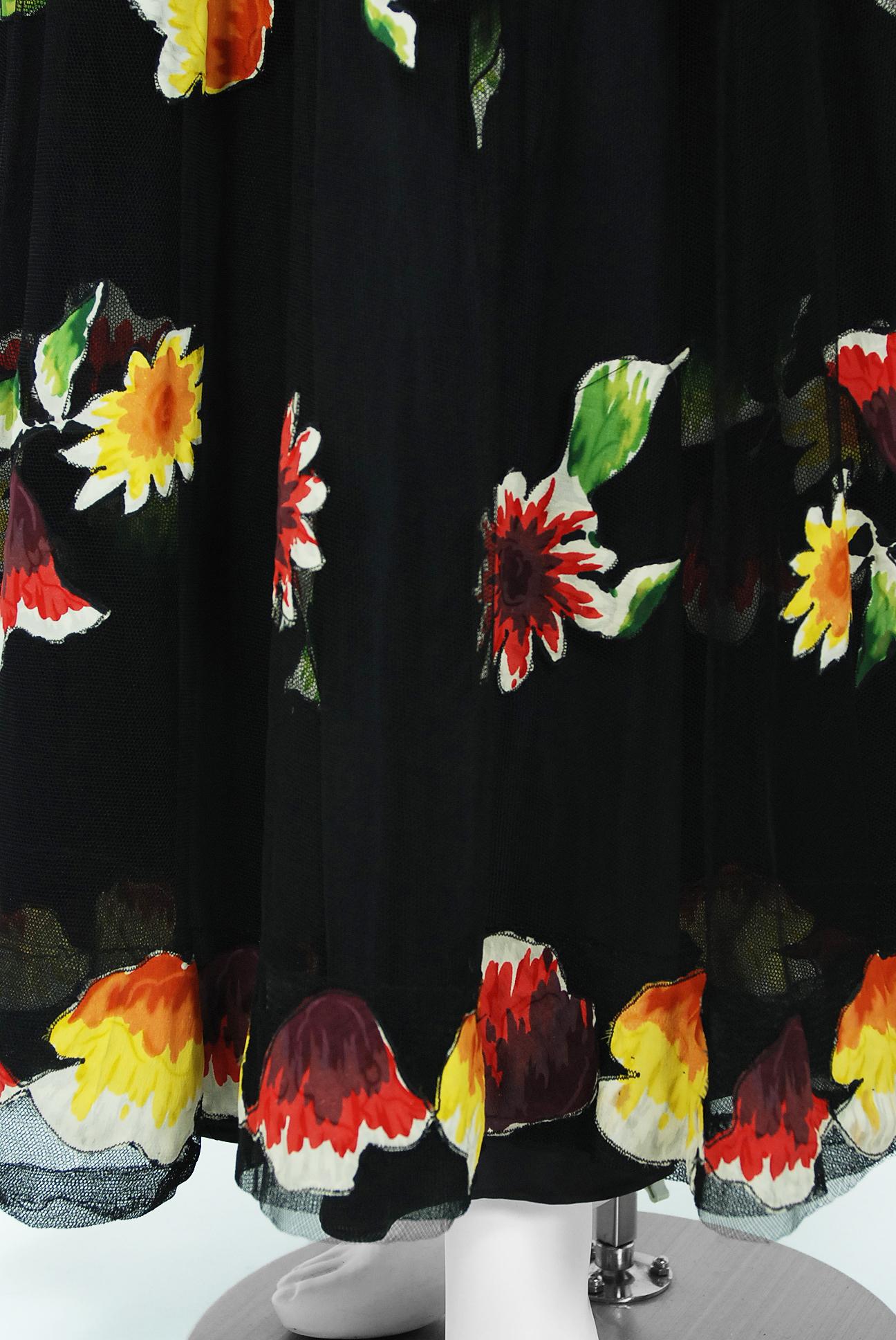 1930's Rainbow Floral Applique Silk & Sheer Net-Tulle Puff Sleeve Gown Ensemble 3
