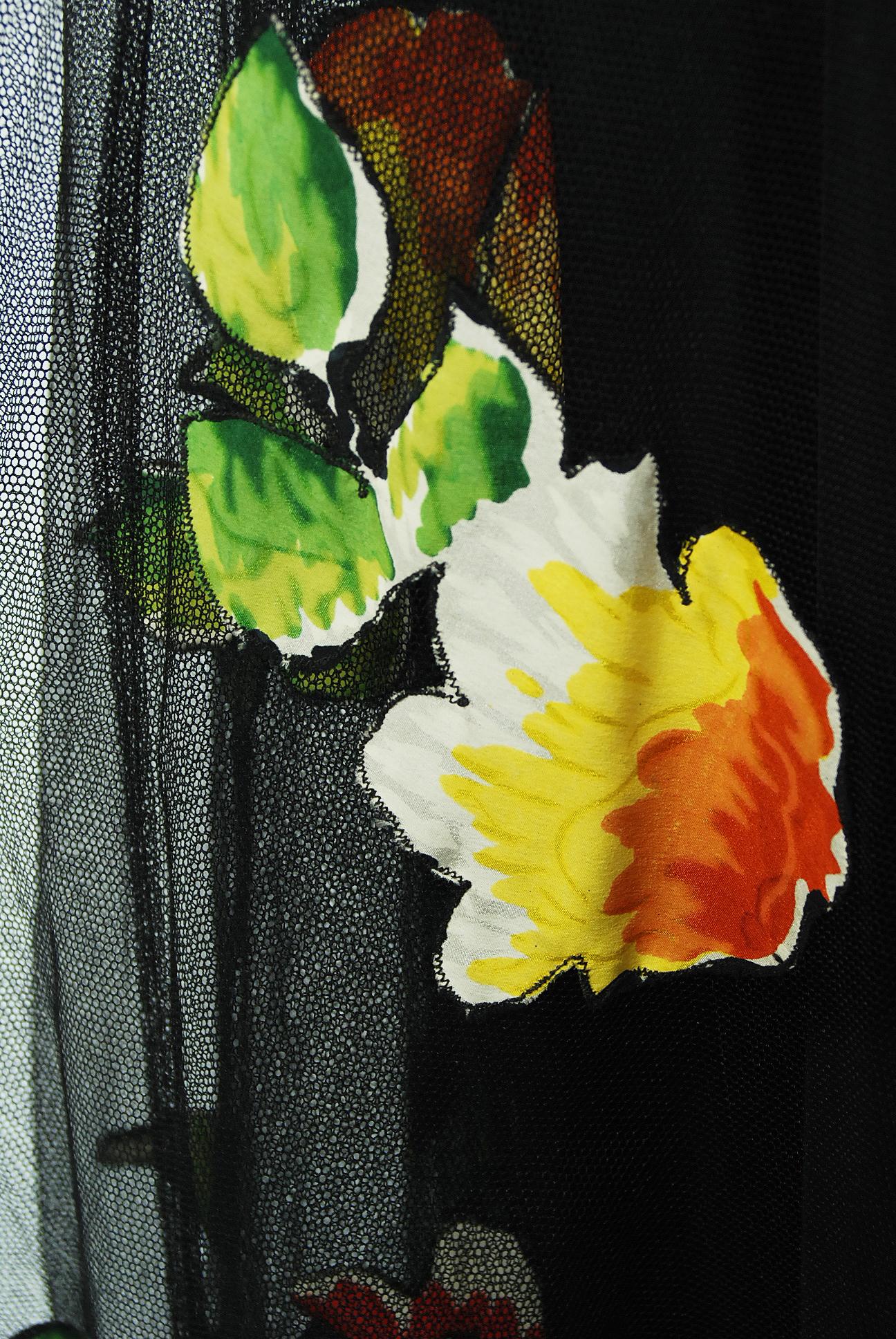 1930's Rainbow Floral Applique Silk & Sheer Net-Tulle Puff Sleeve Gown Ensemble 4