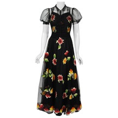 1930's Rainbow Floral Applique Silk & Sheer Net-Tulle Puff Sleeve Gown Ensemble