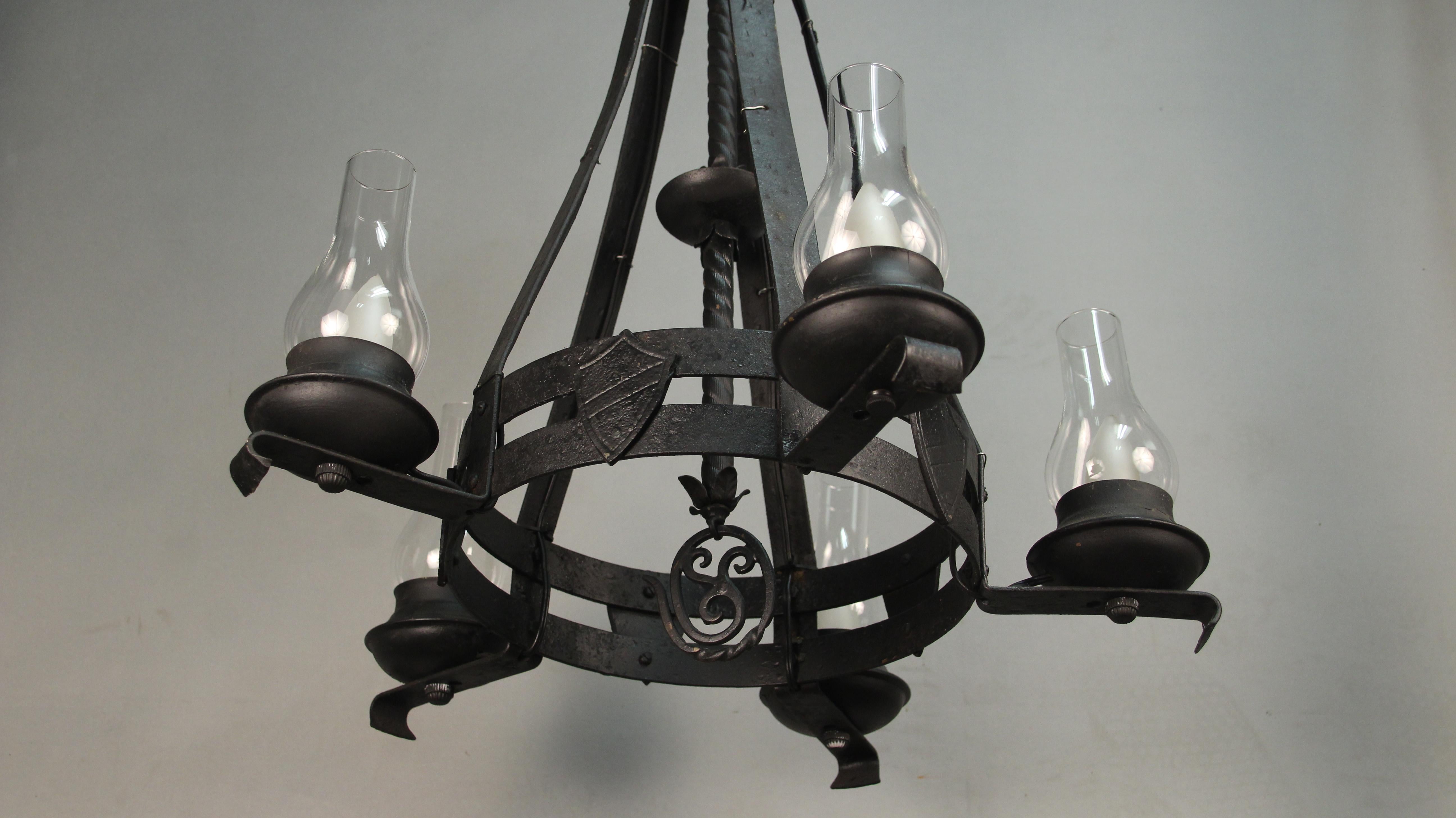 Mid-20th Century 1930s Rancho Monterey Period Chandelier with Glass Hurricanes For Sale