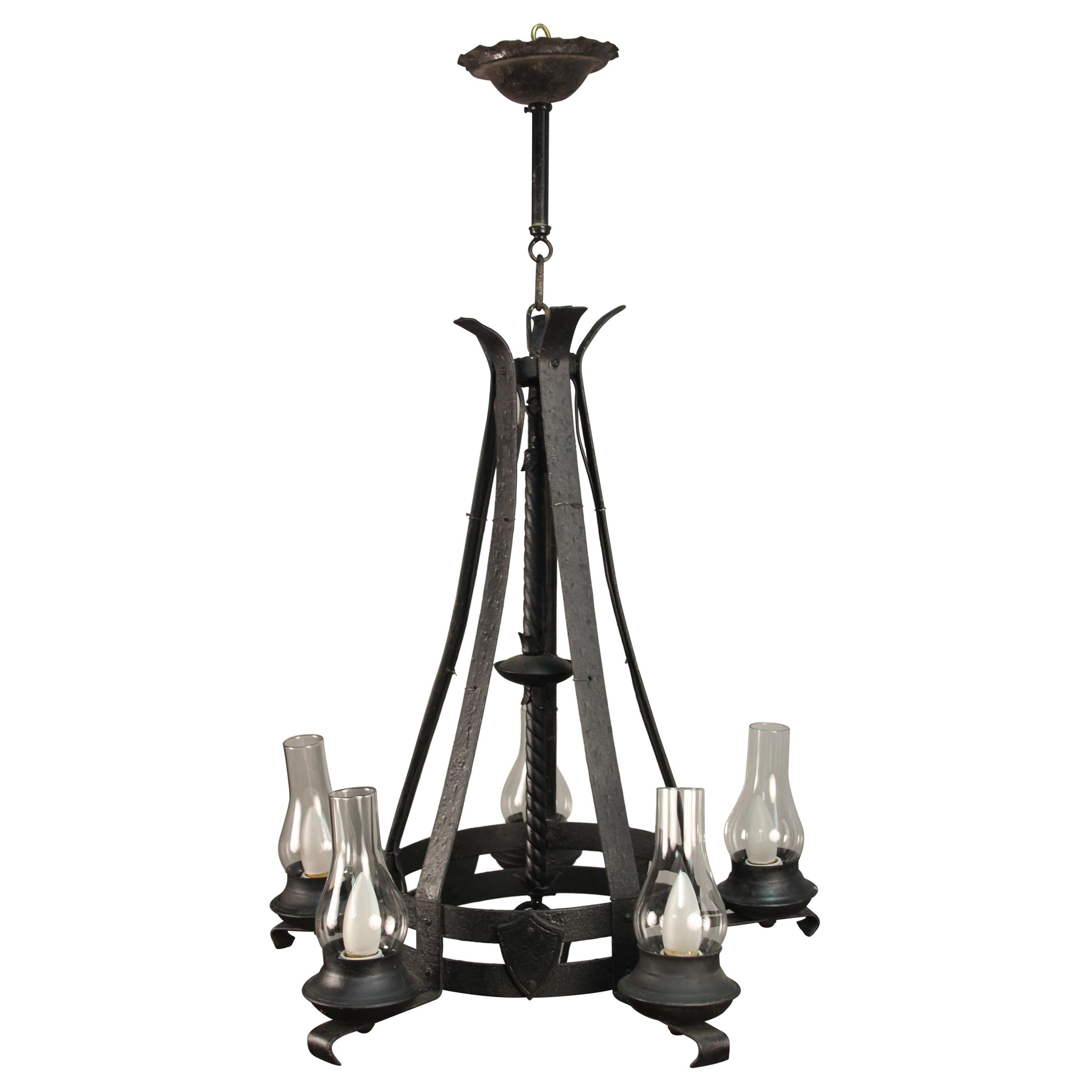 1930s Rancho Monterey Period Chandelier with Glass Hurricanes For Sale