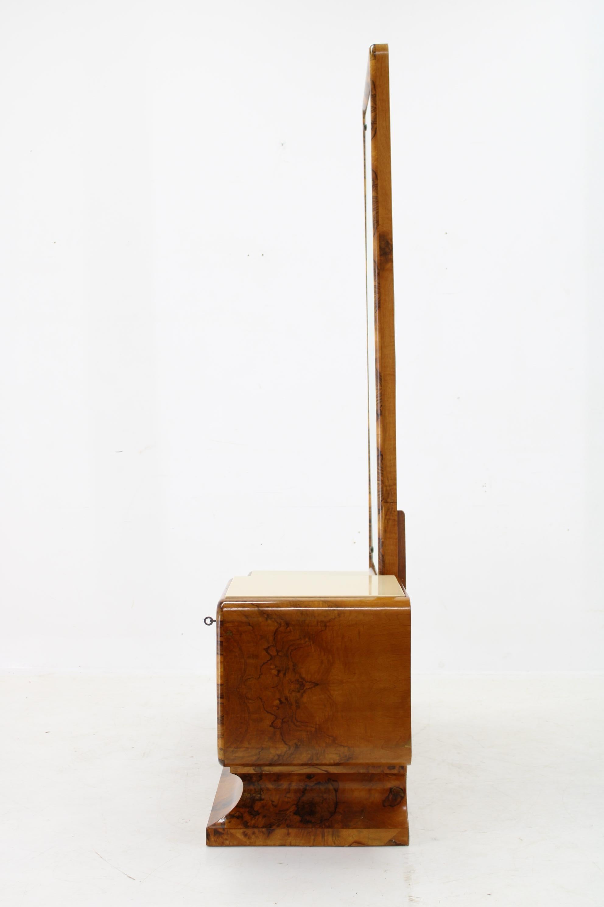 1930s Rare Art Deco Vanity Mirror Cabinet in Walnut Finish and Stool, Czechoslov 6