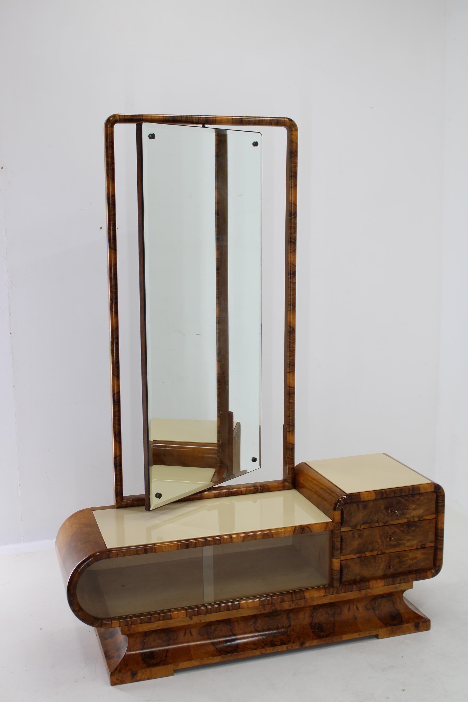 1930s Rare Art Deco Vanity Mirror Cabinet in Walnut Finish and Stool, Czechoslov 7