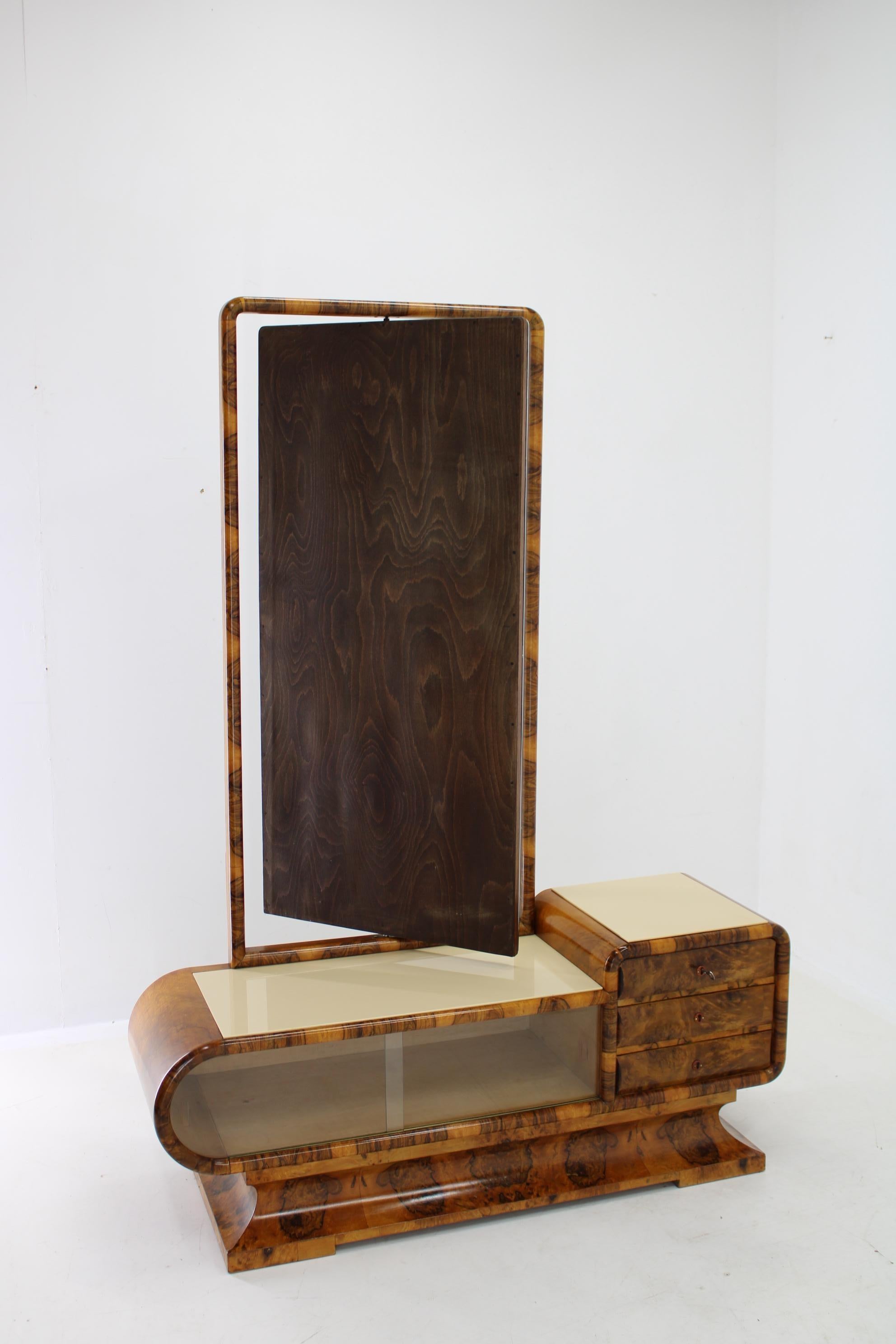 1930s Rare Art Deco Vanity Mirror Cabinet in Walnut Finish and Stool, Czechoslov 8