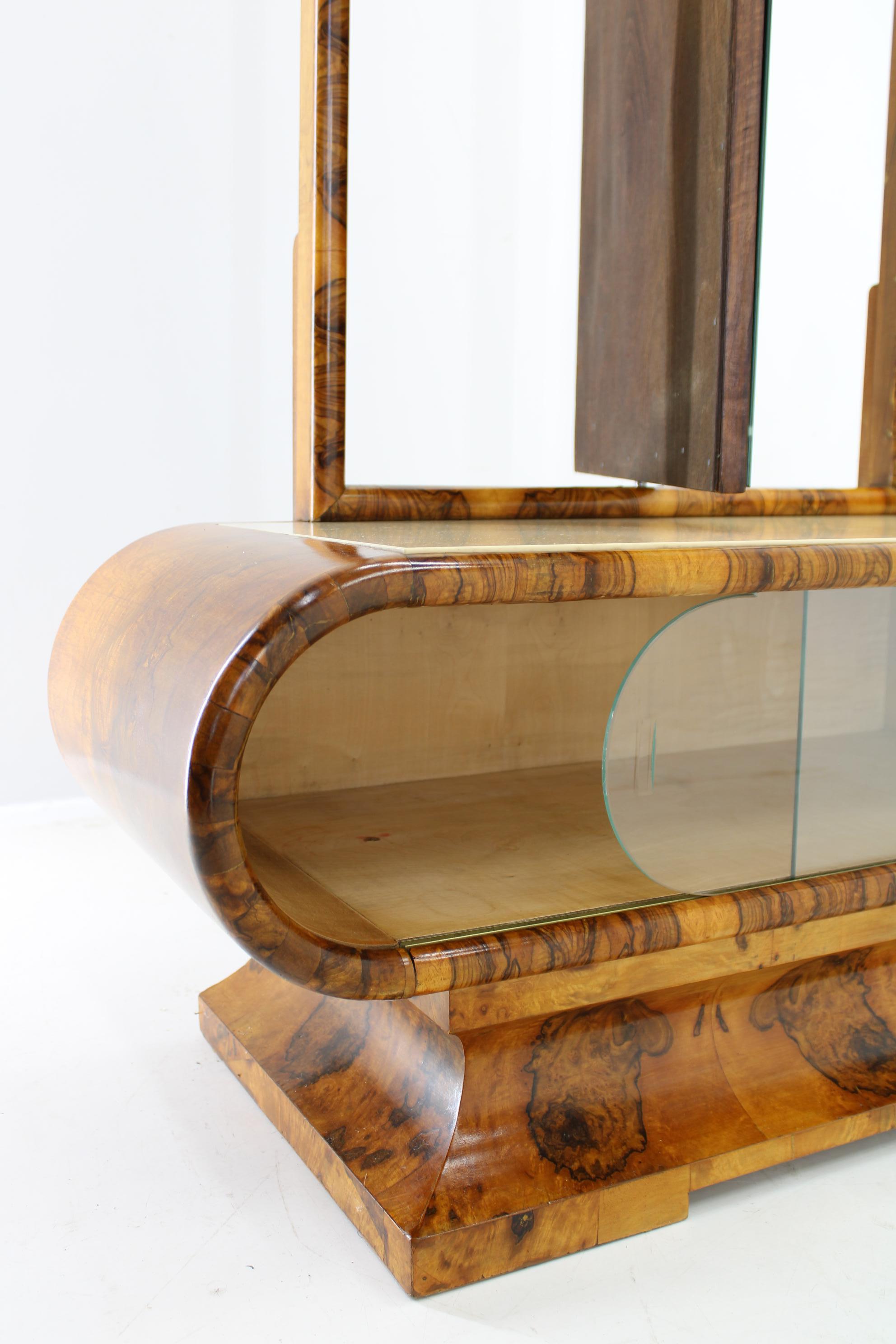 1930s Rare Art Deco Vanity Mirror Cabinet in Walnut Finish and Stool, Czechoslov 9