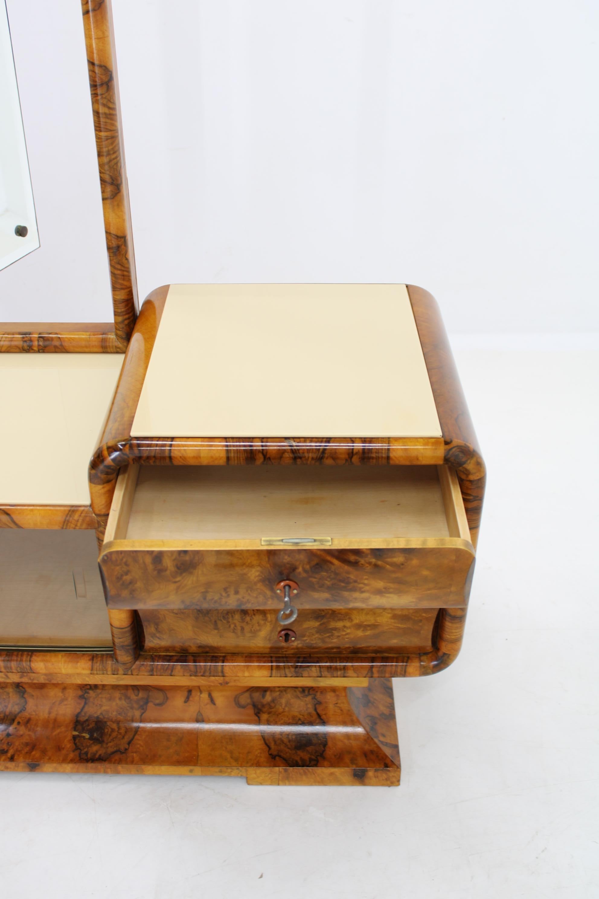 1930s Rare Art Deco Vanity Mirror Cabinet in Walnut Finish and Stool, Czechoslov 10