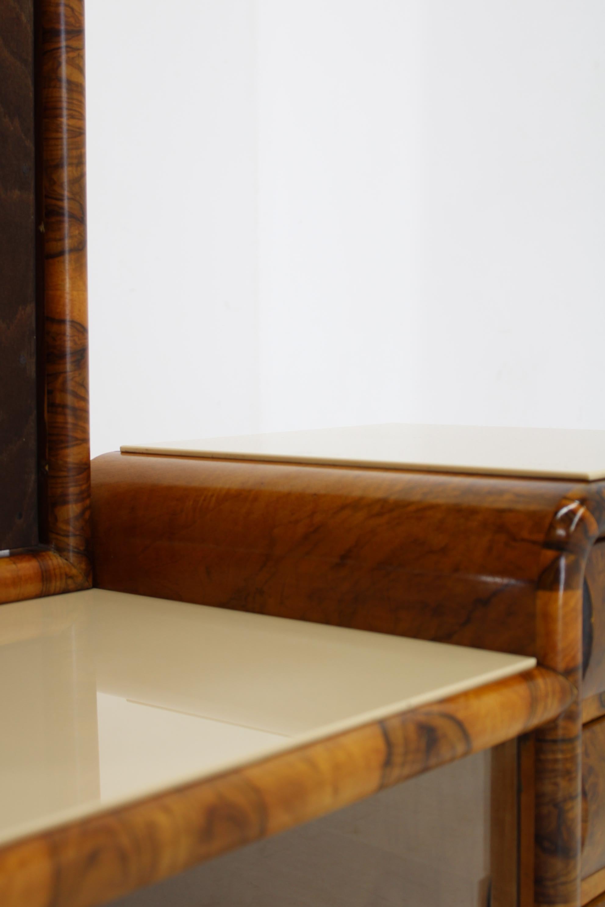 1930s Rare Art Deco Vanity Mirror Cabinet in Walnut Finish and Stool, Czechoslov 14