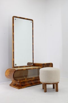 1930s Rare Art Deco Vanity Mirror Cabinet in Walnut Finish and Stool, Czechoslov