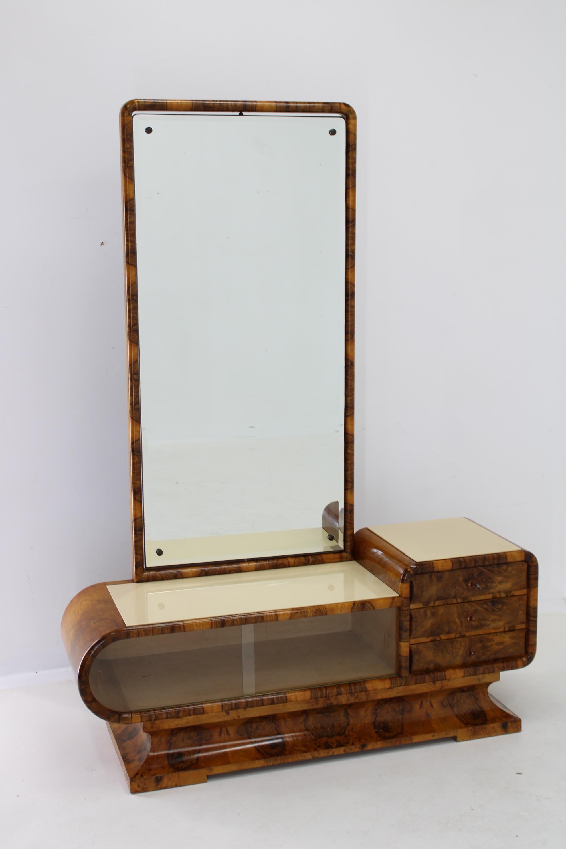Mid-20th Century 1930s Rare Art Deco Vanity Mirror Cabinet in Walnut Finish and Stool, Czechoslov